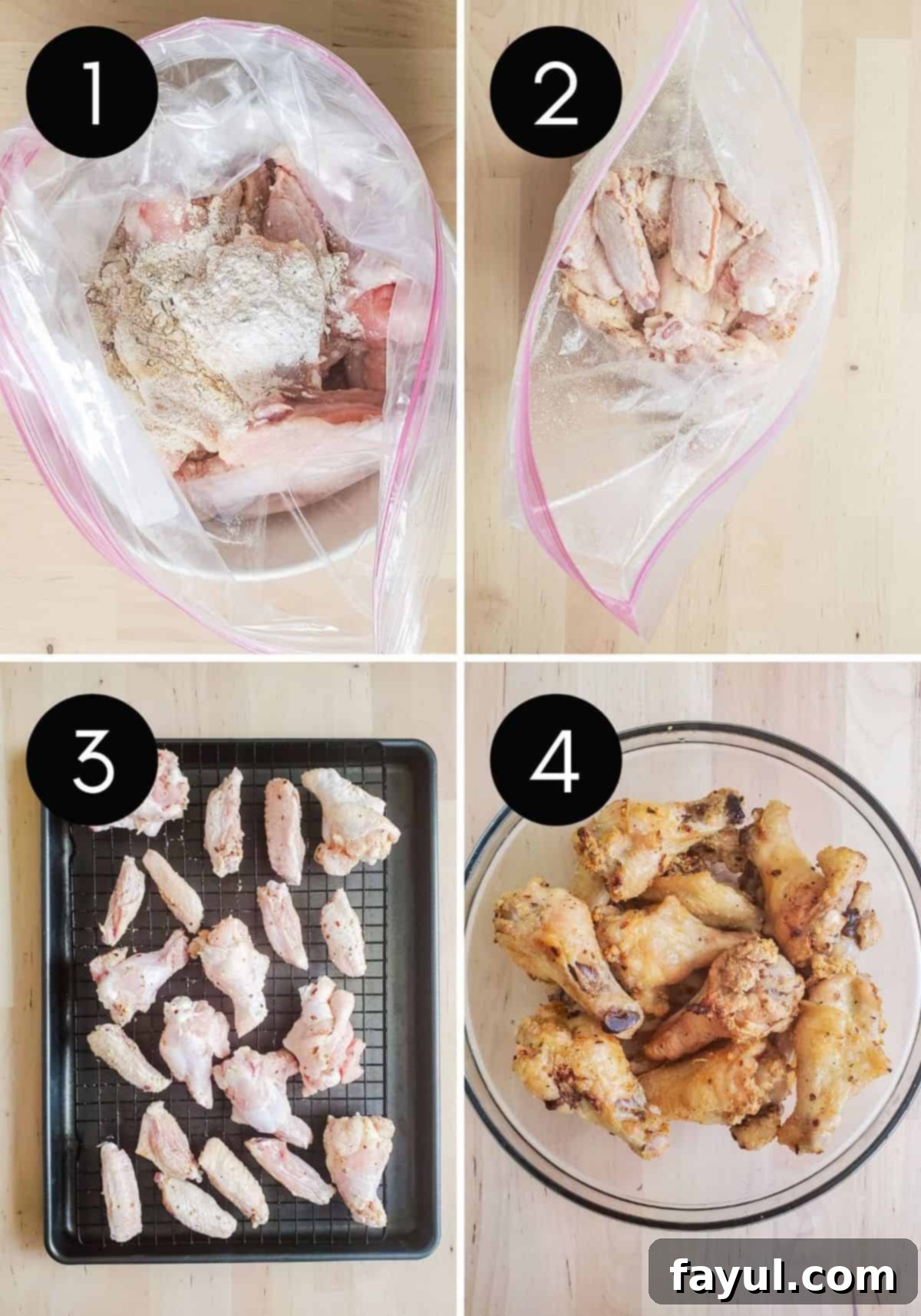 Four pre image collage with numbered pictures of wings being prepped and baked.