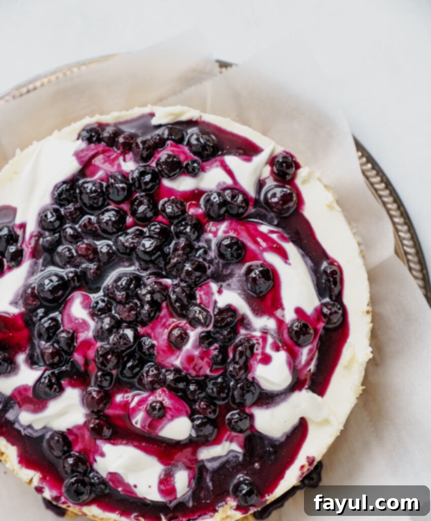 Close-up of a slice of no-bake blueberry cheesecake