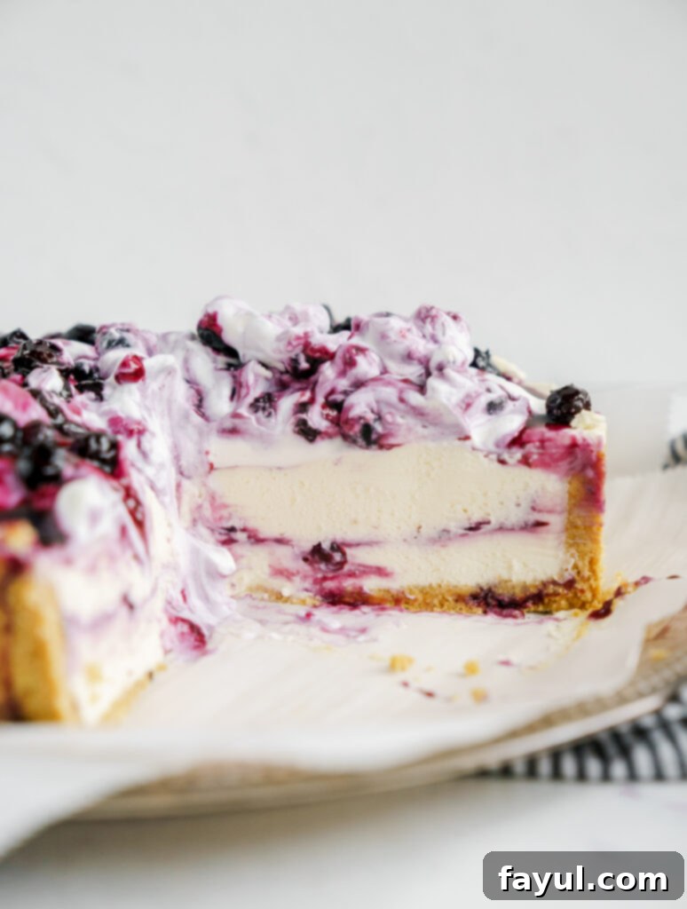 Close-up of a slice of blueberry cheesecake