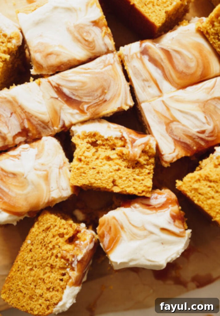 Caramel Pumpkin Sheet Cake with vanilla bean cream cheese frosting and caramel swirls