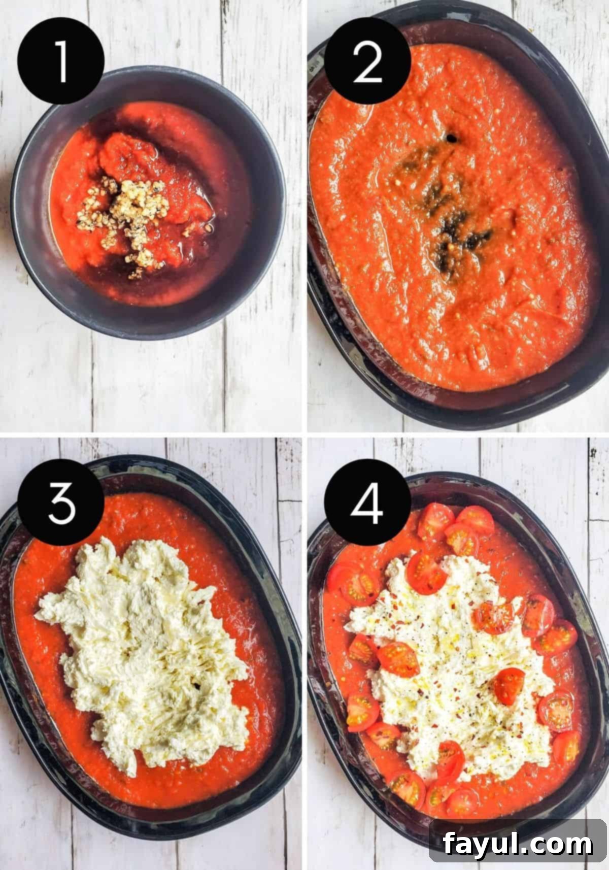 Four prep image shots showing sauce being made and dip being assembled in the baking dish before going into the oven.