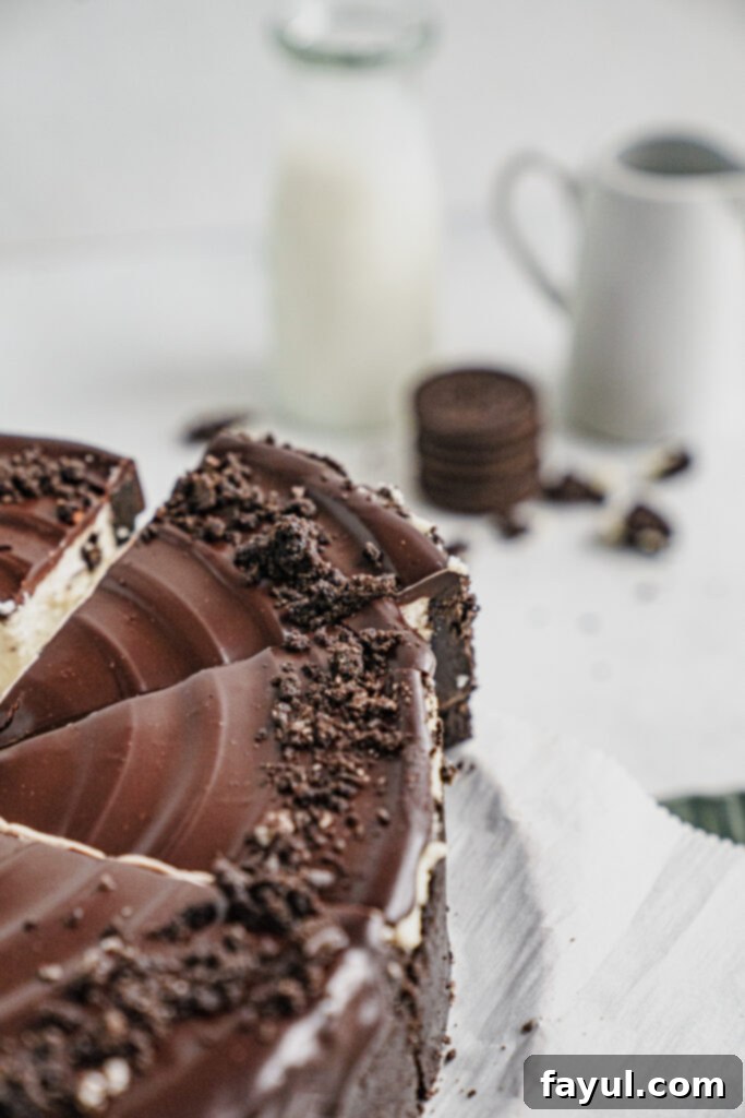 Close-up of the creamy Oreo cheesecake filling with cookie chunks