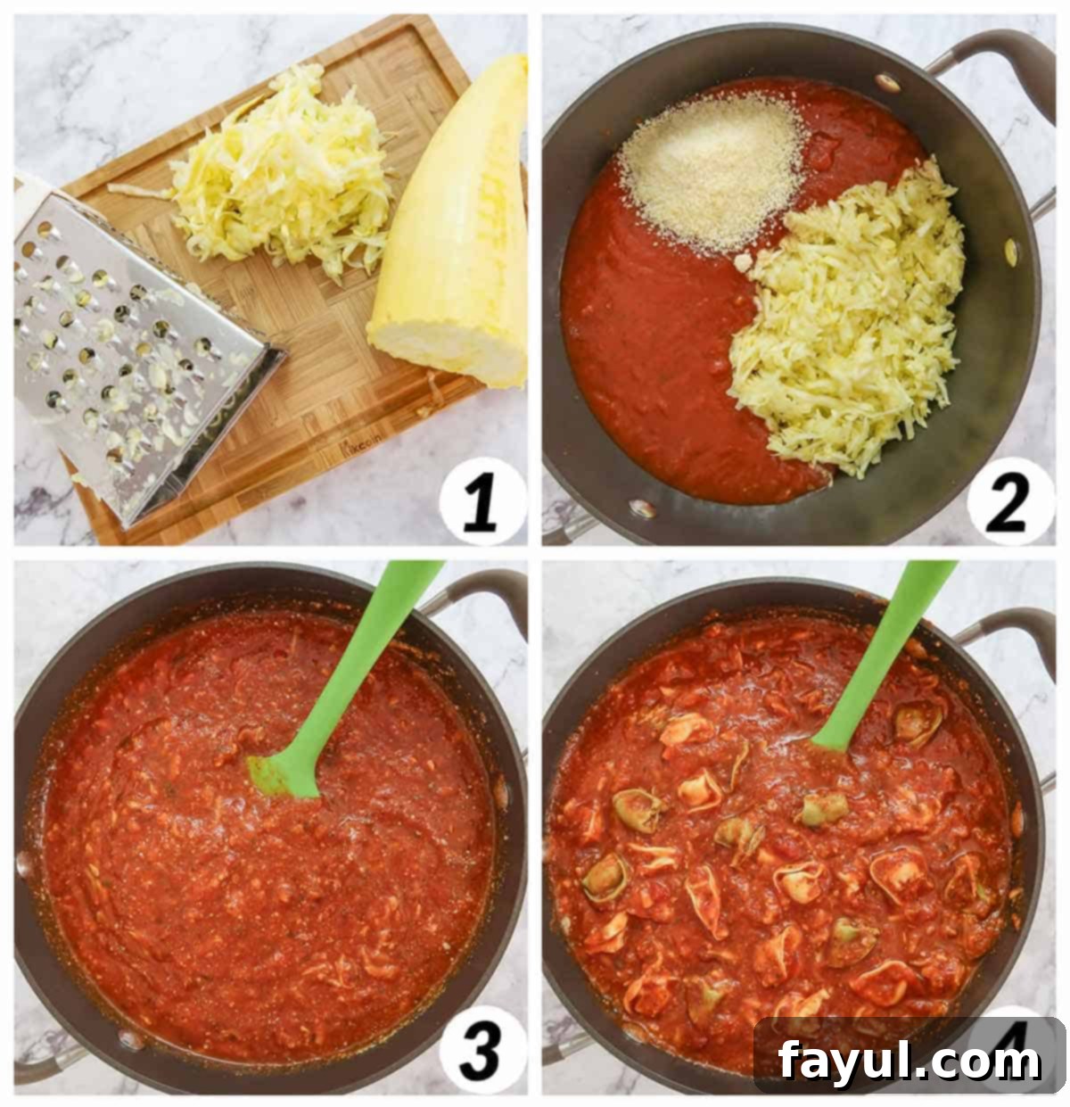 Four panel grid of process shots- preparing the zucchini, combining ingredients in a pot, and cooking.