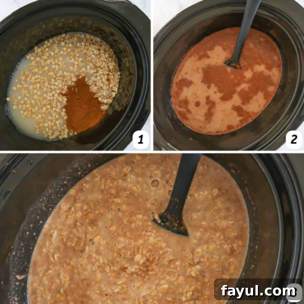Three panel grid of process shots - gradually combining ingredients in the slow cooker and cooking, illustrating the simple preparation.