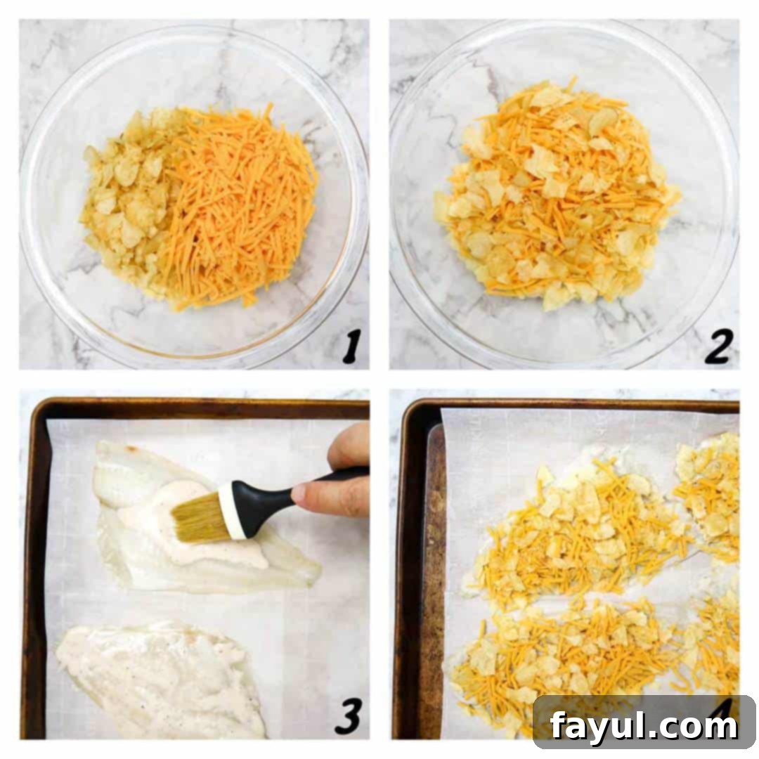 Four-panel collage showing the process of making potato crusted cod: crushing chips, mixing with cheese, coating fish with dressing, and topping with the chip mixture.