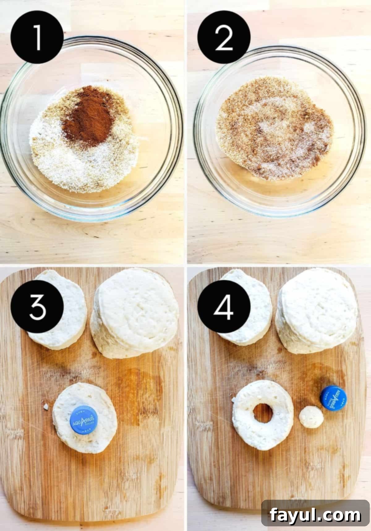 Easy Air Fryer Cinnamon Sugar Biscuit Donuts 4 A four-panel collage showcasing the preparation steps for air fryer donuts: mixing cinnamon sugar, cutting holes in biscuits, arranging donuts in the air fryer basket, and the finished golden donuts.