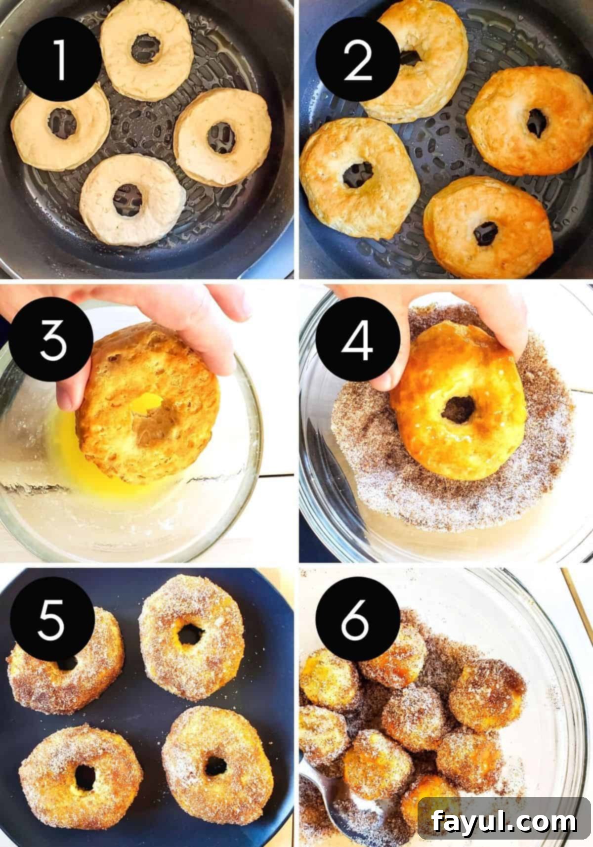 Easy Air Fryer Cinnamon Sugar Biscuit Donuts 5 A six-panel photo collage detailing the air frying and coating process for making cinnamon sugar biscuit donuts, from raw dough to finished product.