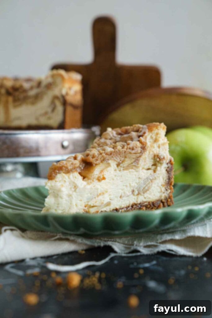 Two slices of apple crisp cheesecake plated, showing the crumbly topping and creamy layers