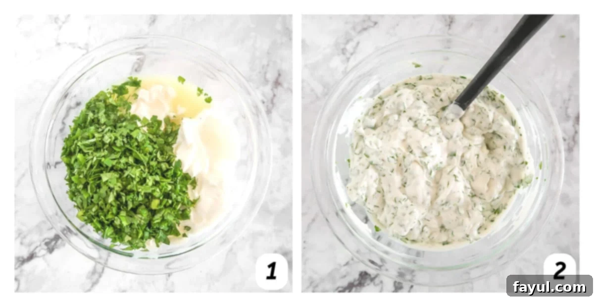 Two panel grid of process shots - adding ingredients together and stirring.