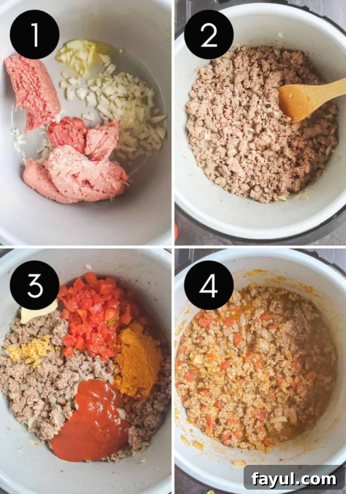 Numbered sequence of images showing the steps for making taco meat in an Instant Pot.