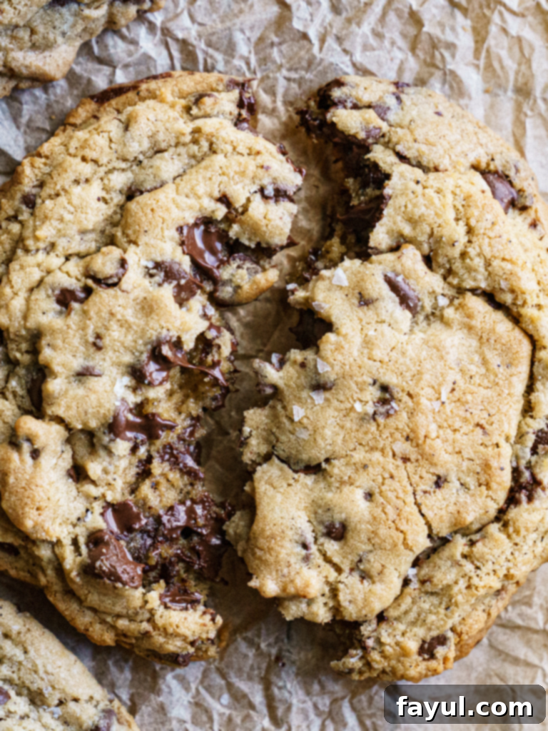 Delicious brown butter chocolate chip cookies with melted chocolate chips