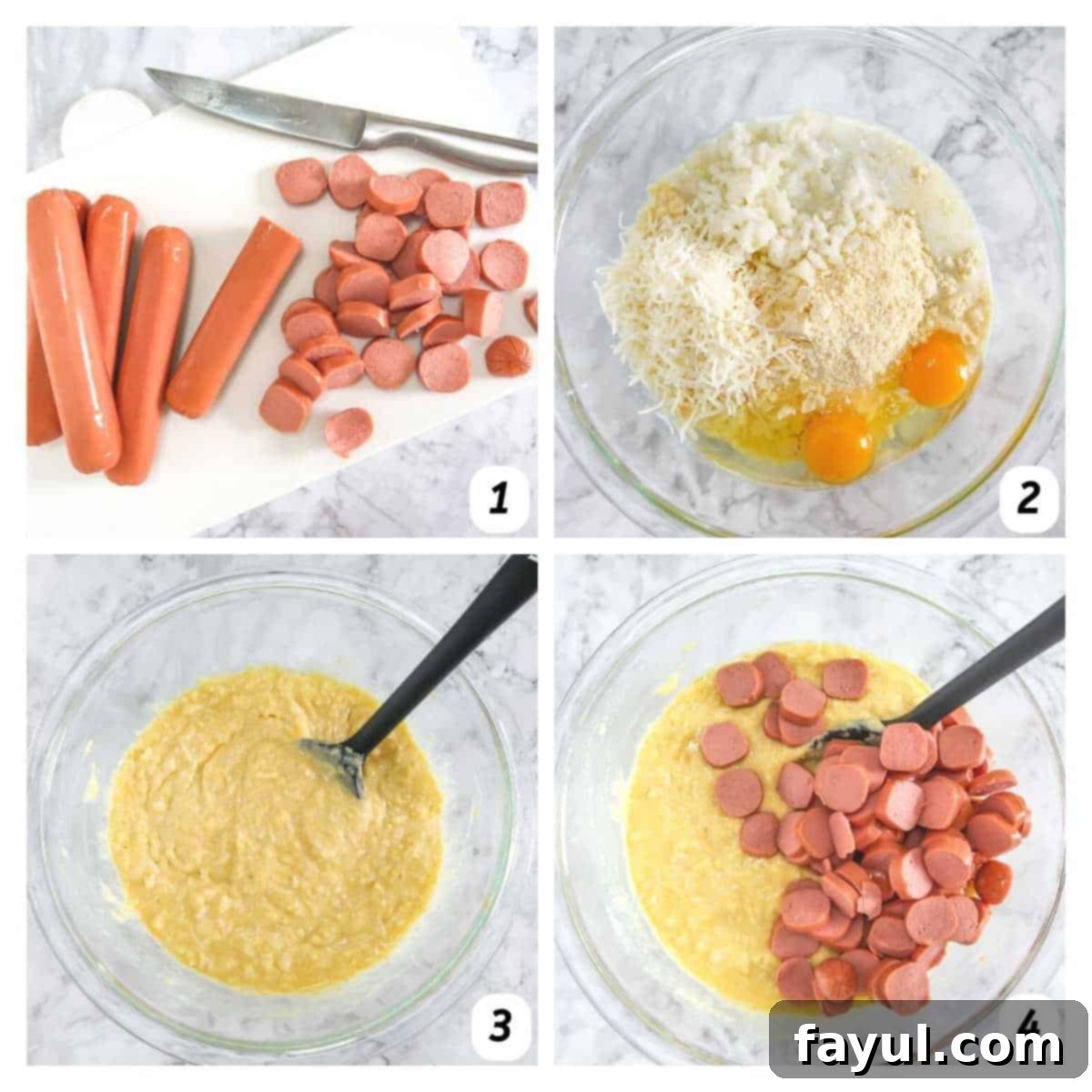 Four panel grid of process shots 1-4 - cutting up hotdogs and combining with other wet ingredients.