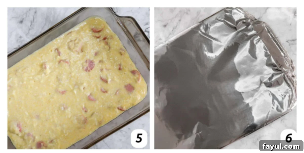 Two panel grid of process shots 5-6 - placing batter in dish, covering with aluminum foil, and baking.