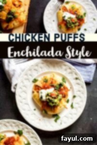 Pinterest pin graphic for Chicken Puffs Enchilada Style, featuring two photos of the dish.