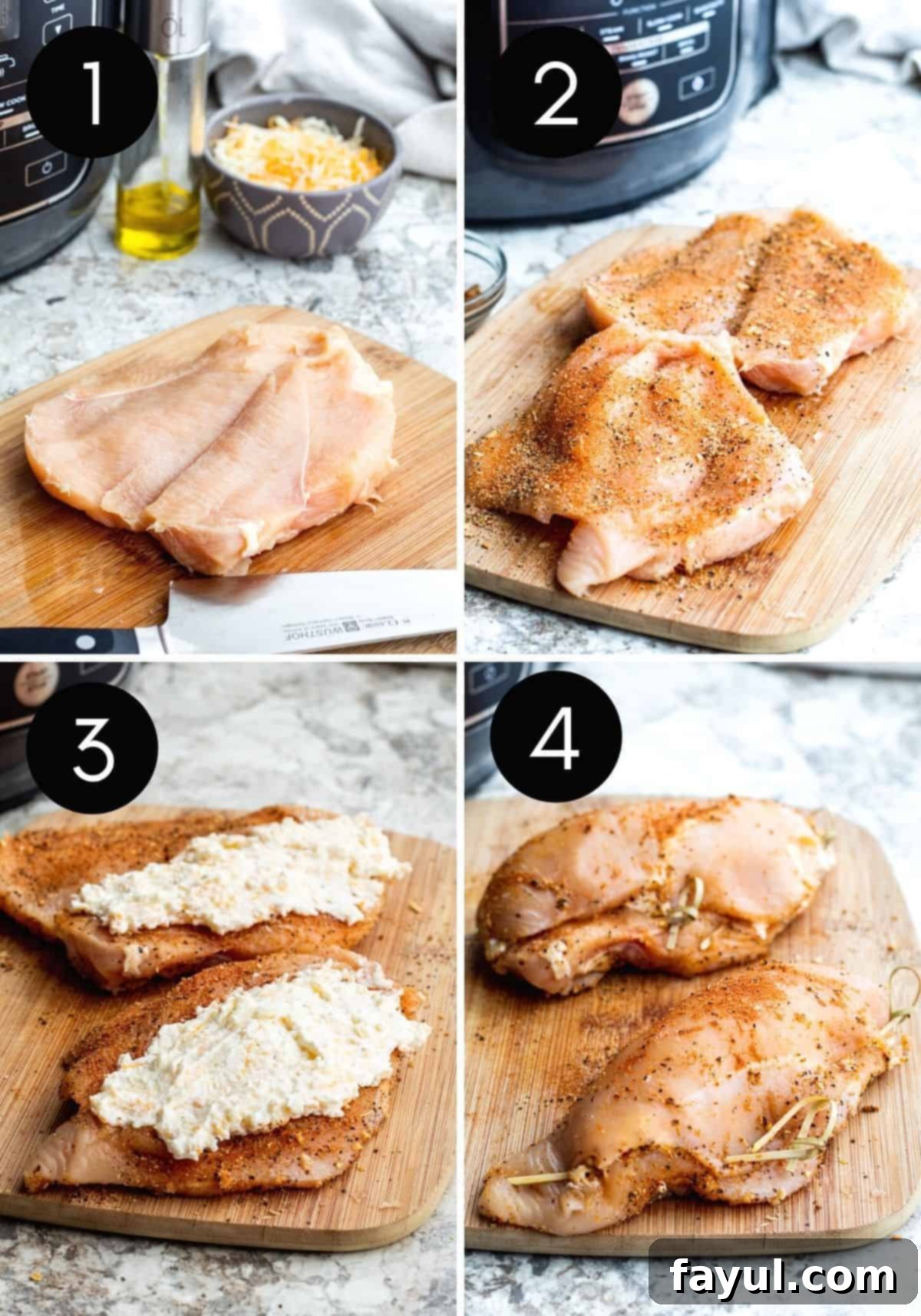 Air Fryer Cheesy Stuffed Chicken 4 Four prep images showing chicken breasts being sliced, filled with cheese and closed with black and white numbers.