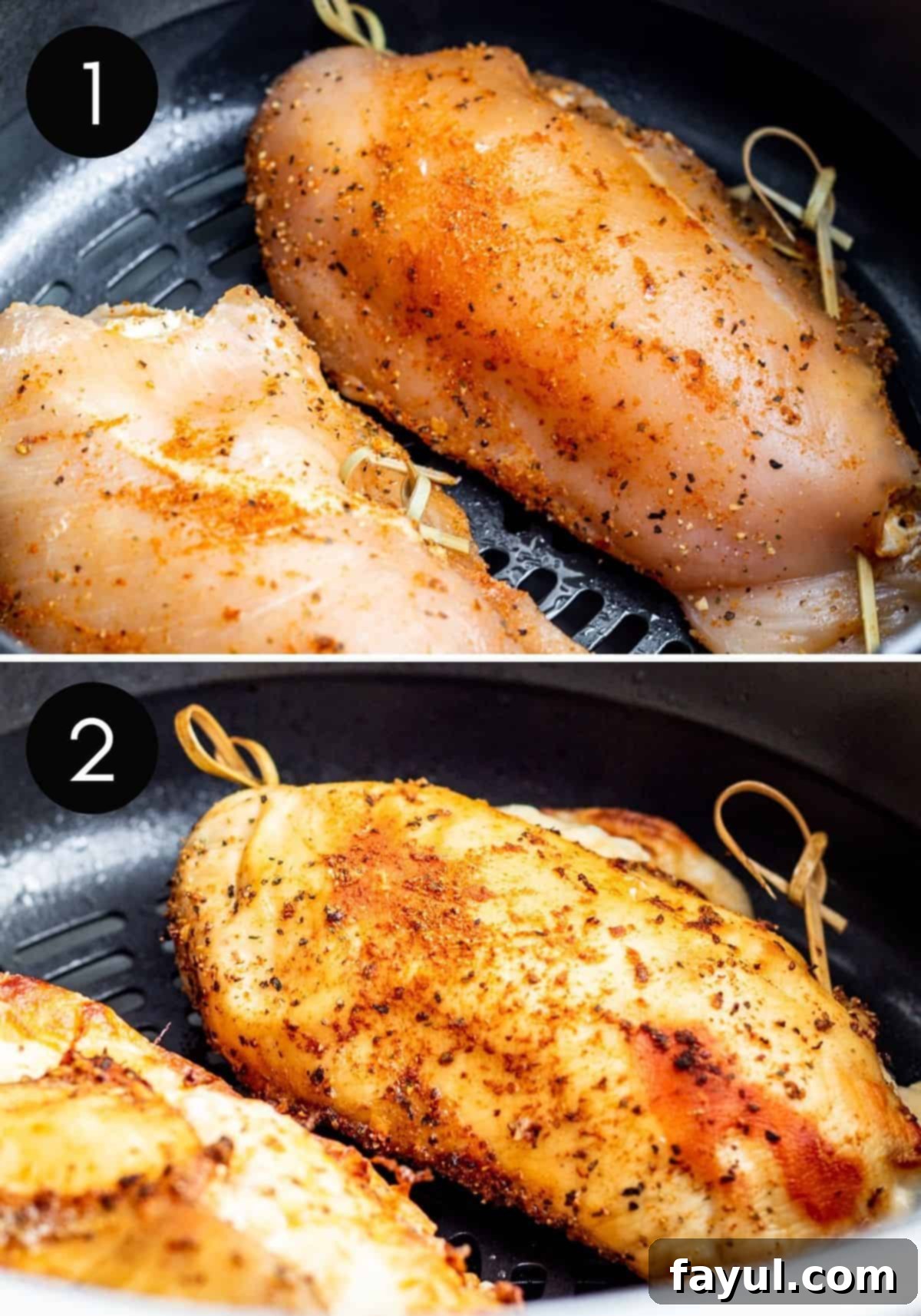 Air Fryer Cheesy Stuffed Chicken 5 Two prep image collage showing chicken being air fried with black and white numbers.