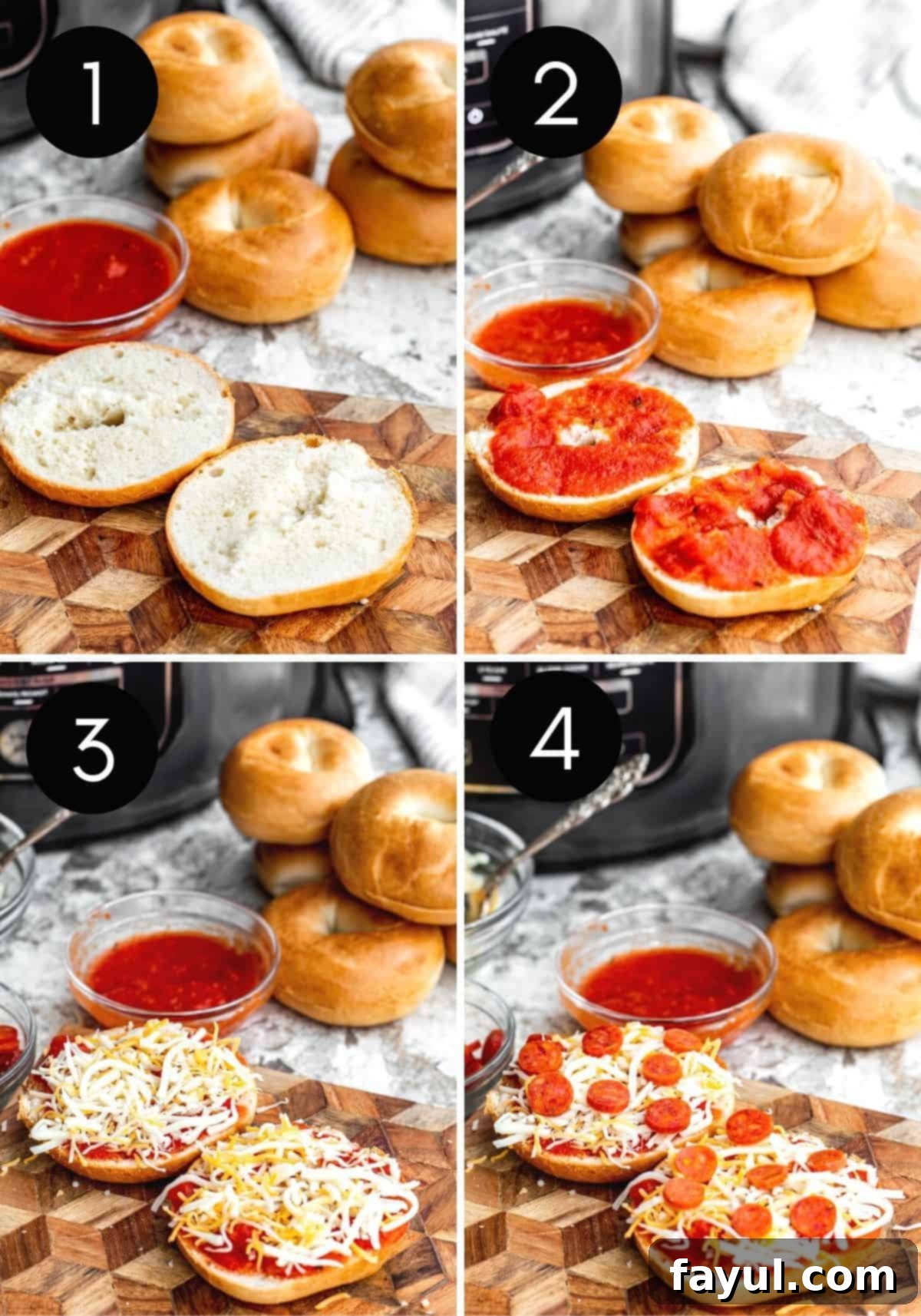 The Best Homemade Air Fryer Bagel Bites 4 Prep image collage with four images of bagel bites being made with numbered pictures.