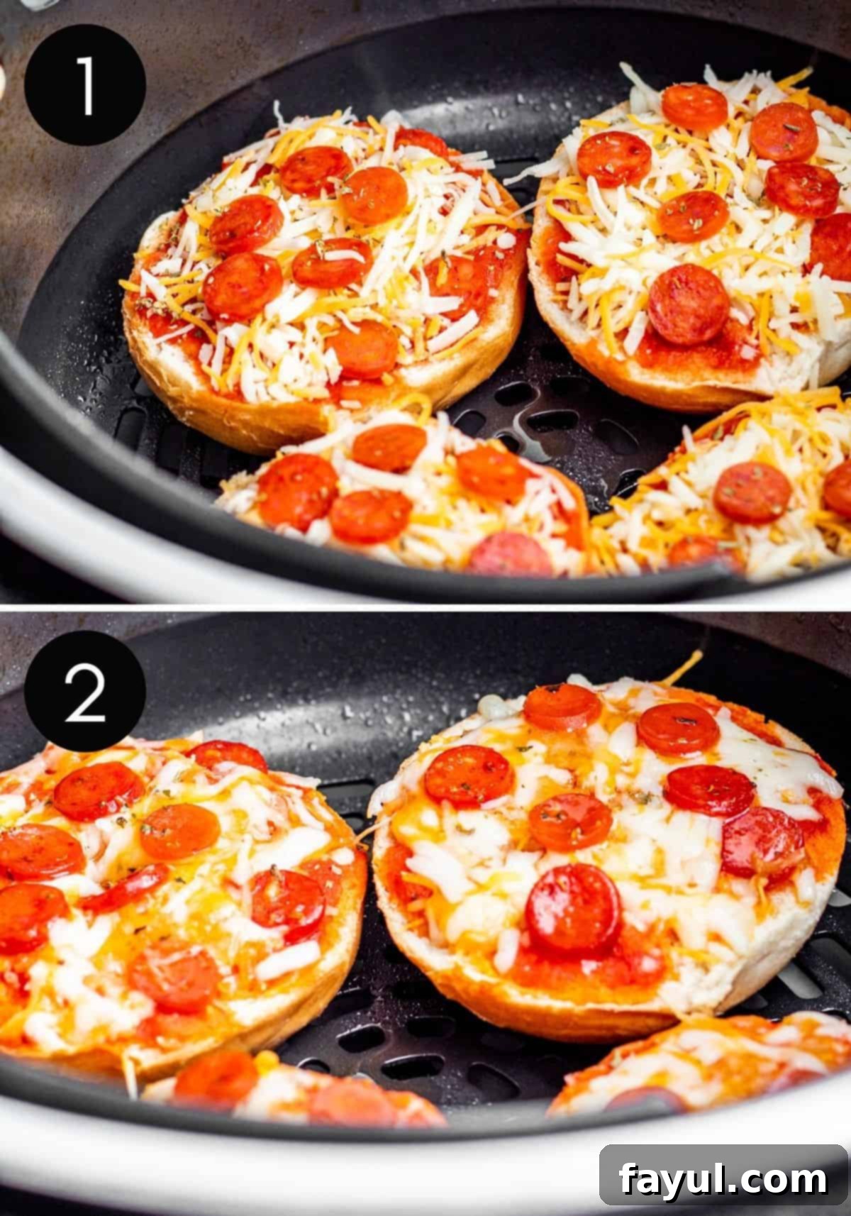 The Best Homemade Air Fryer Bagel Bites 5 Two prep image collage of bagel bites cooking in air fryer.