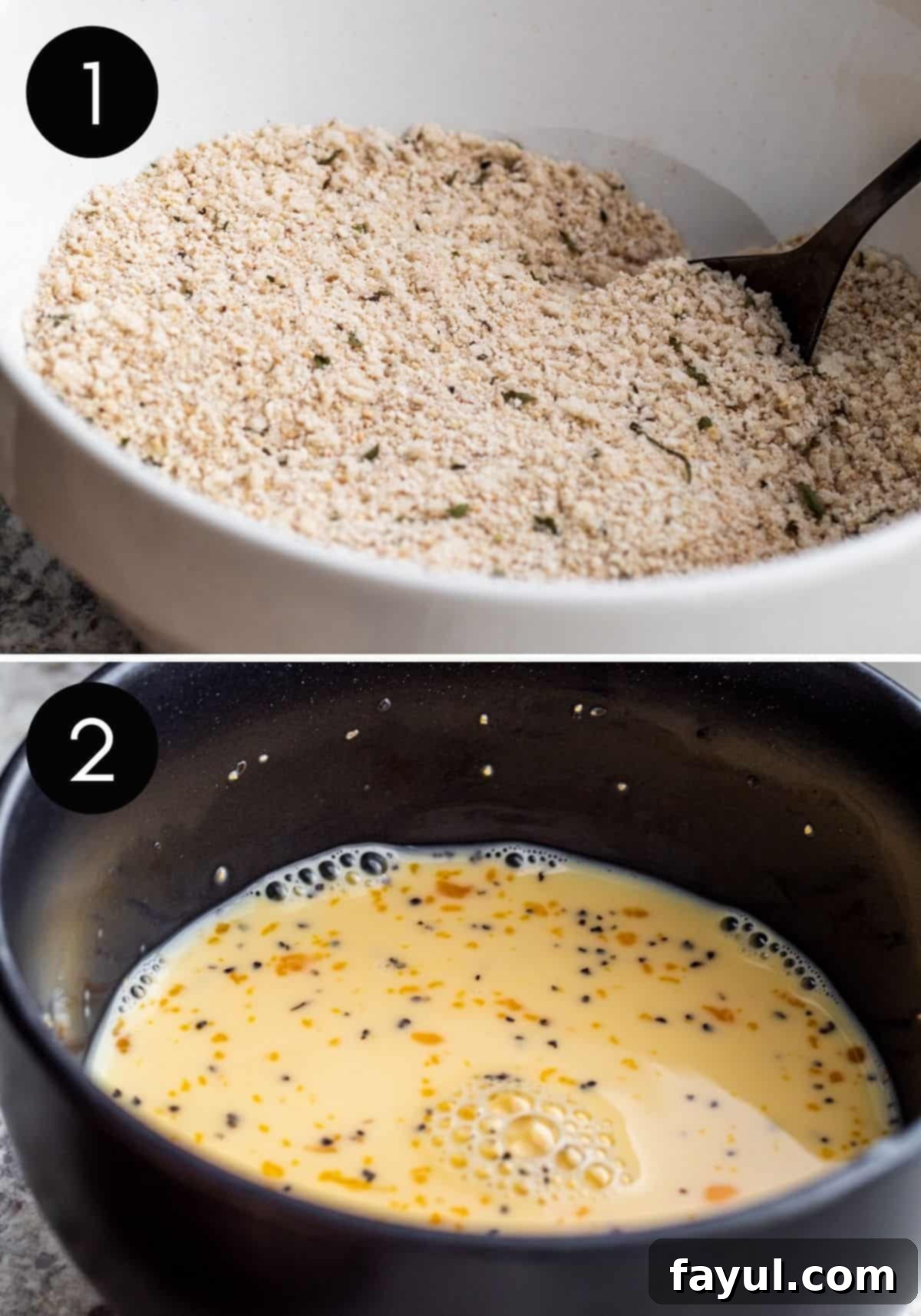 Two prep image collage showing wet and dry breading mixtures in separate bowls, ready for chicken tender coating.
