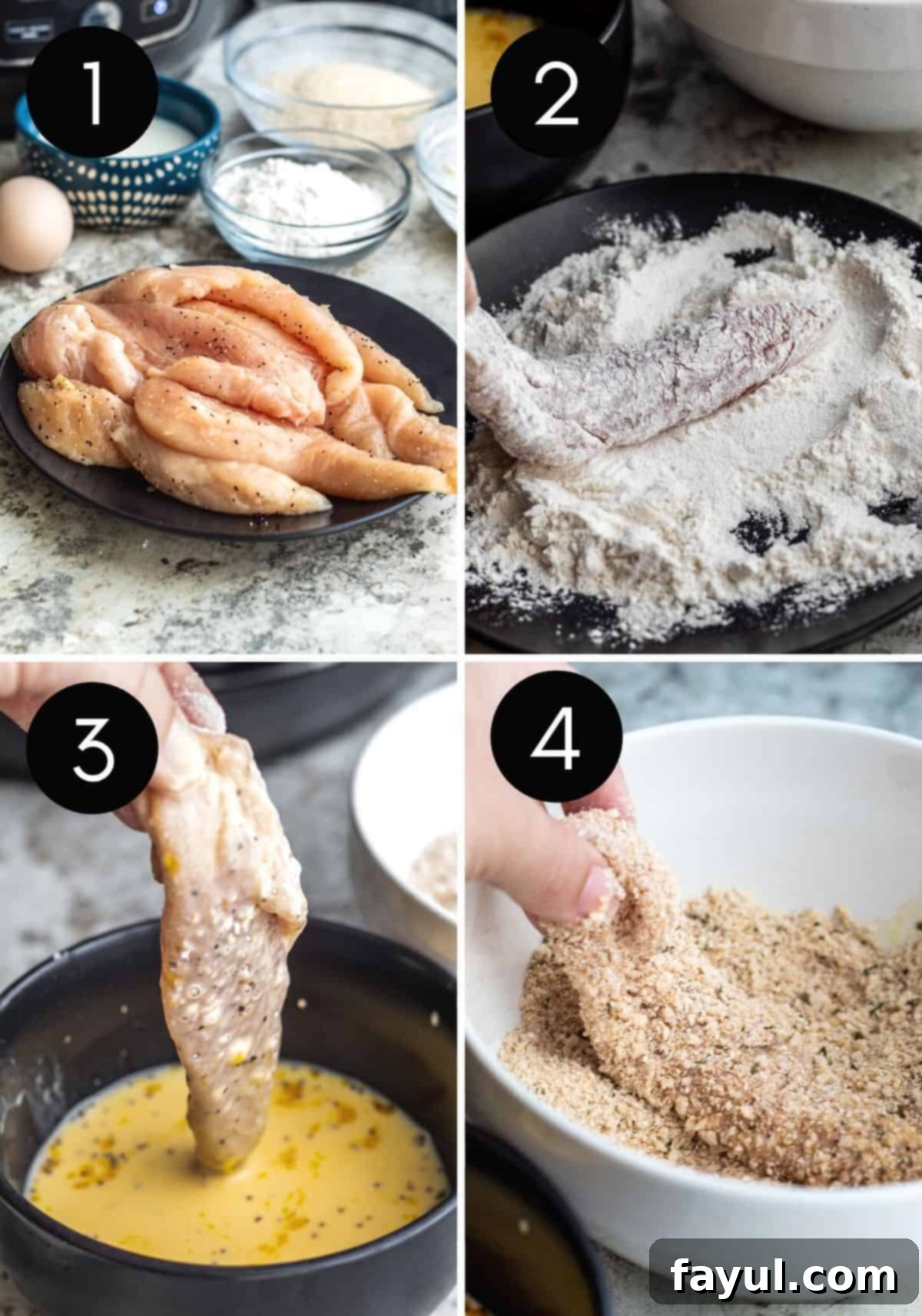 Four prep images showing chicken strips being breaded step-by-step: flour, egg wash, breadcrumbs, and finished breaded tender.