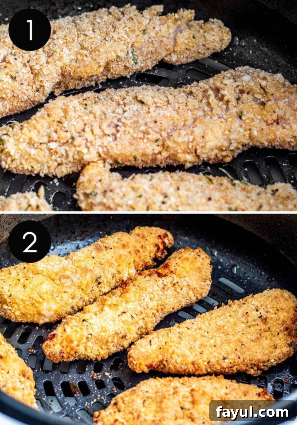 Two prep images showing chicken tenders being air fried, illustrating the cooking process.