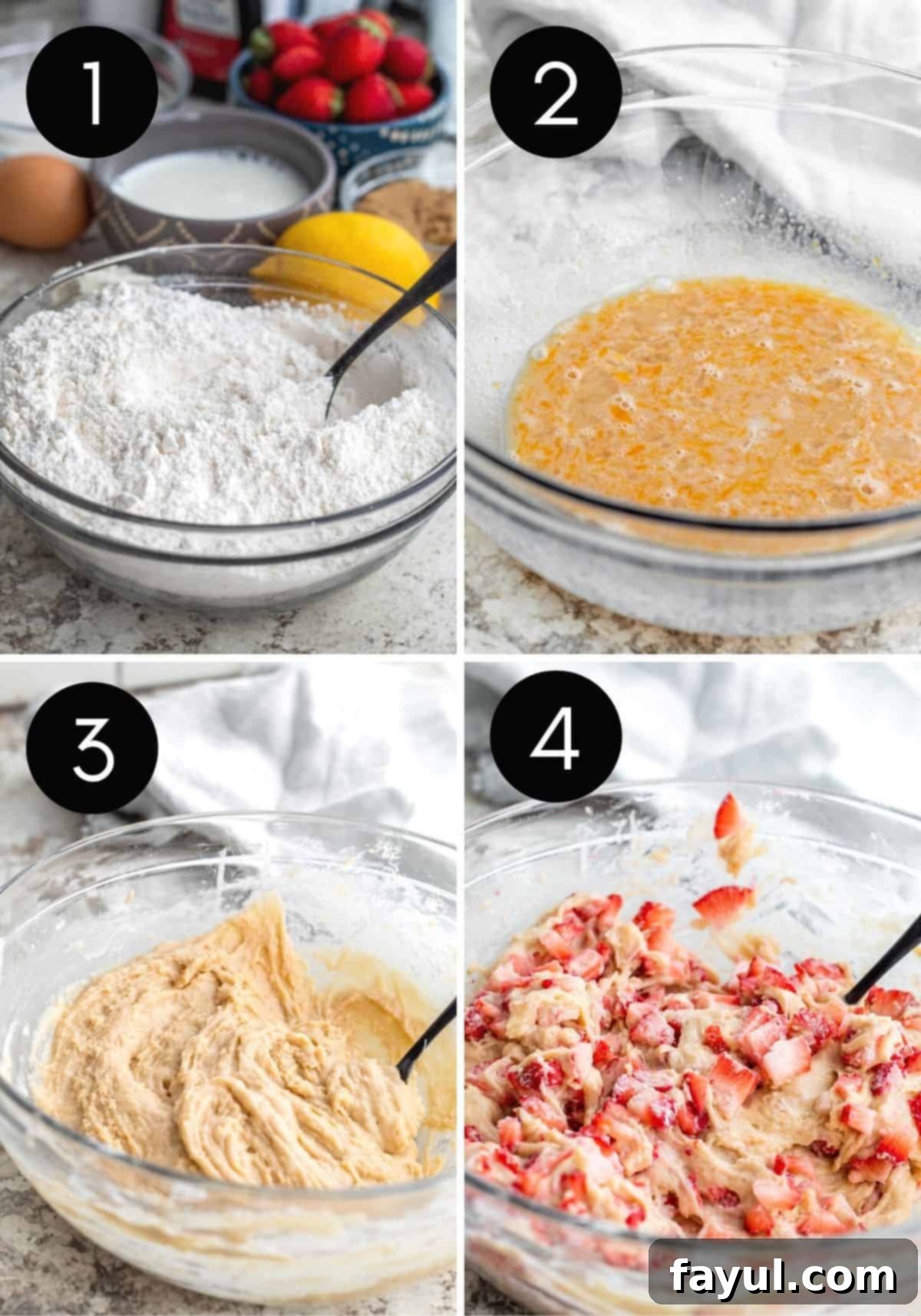 Sunshine Strawberry Lemon Loaf 4 A four-image prep collage showing the progression of making strawberry loaf cake batter, from mixing ingredients to folding in berries, demonstrating key steps in the process.