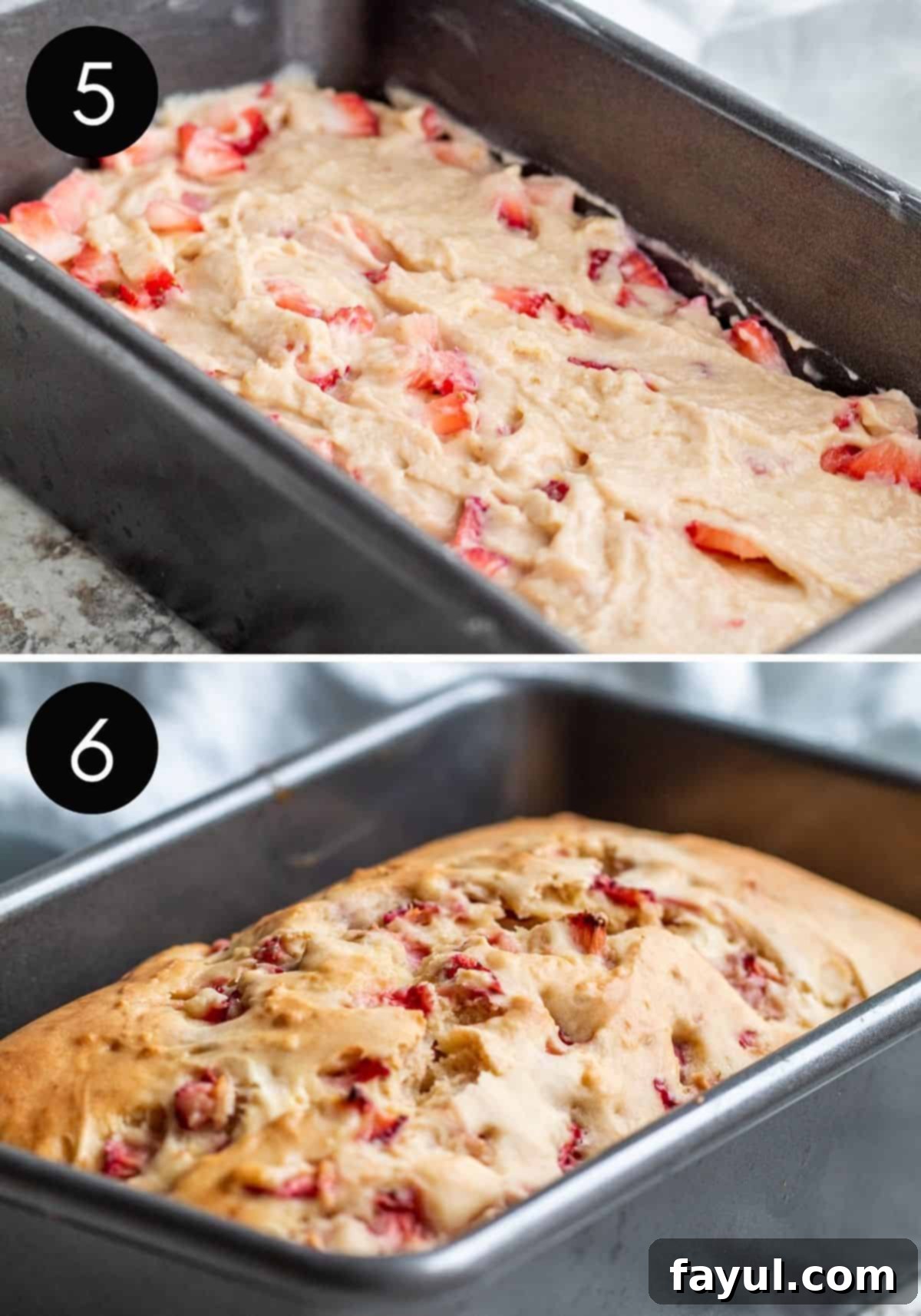 Sunshine Strawberry Lemon Loaf 5 A two-image collage illustrating the baking process: one showing the strawberry batter being poured into a loaf pan, and the other displaying the beautifully golden, finished strawberry bread.
