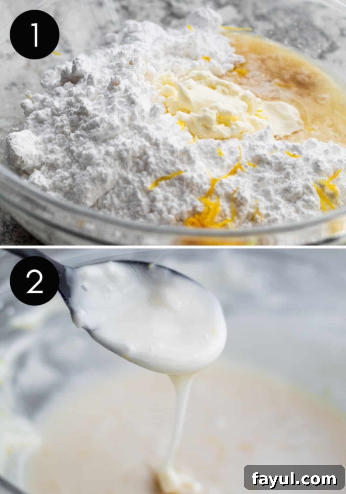 Sunshine Strawberry Lemon Loaf 6 A lemon glaze prep picture collage featuring two photos of the glaze being made in a glass bowl, showcasing the creamy consistency and zesty ingredients.