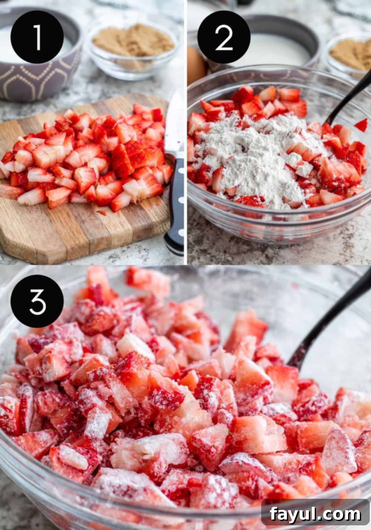 Sunshine Strawberry Lemon Loaf 7 A three-image collage displaying the process of tossing diced strawberries in flour, a crucial step to prevent sinking in the batter.