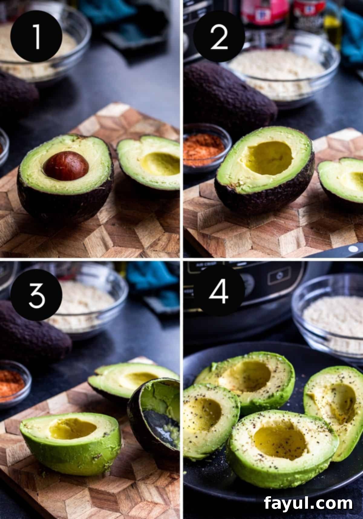 Speedy and Simple Air Fryer Avocados 4 Four prep images of avocados being slices and peeled.