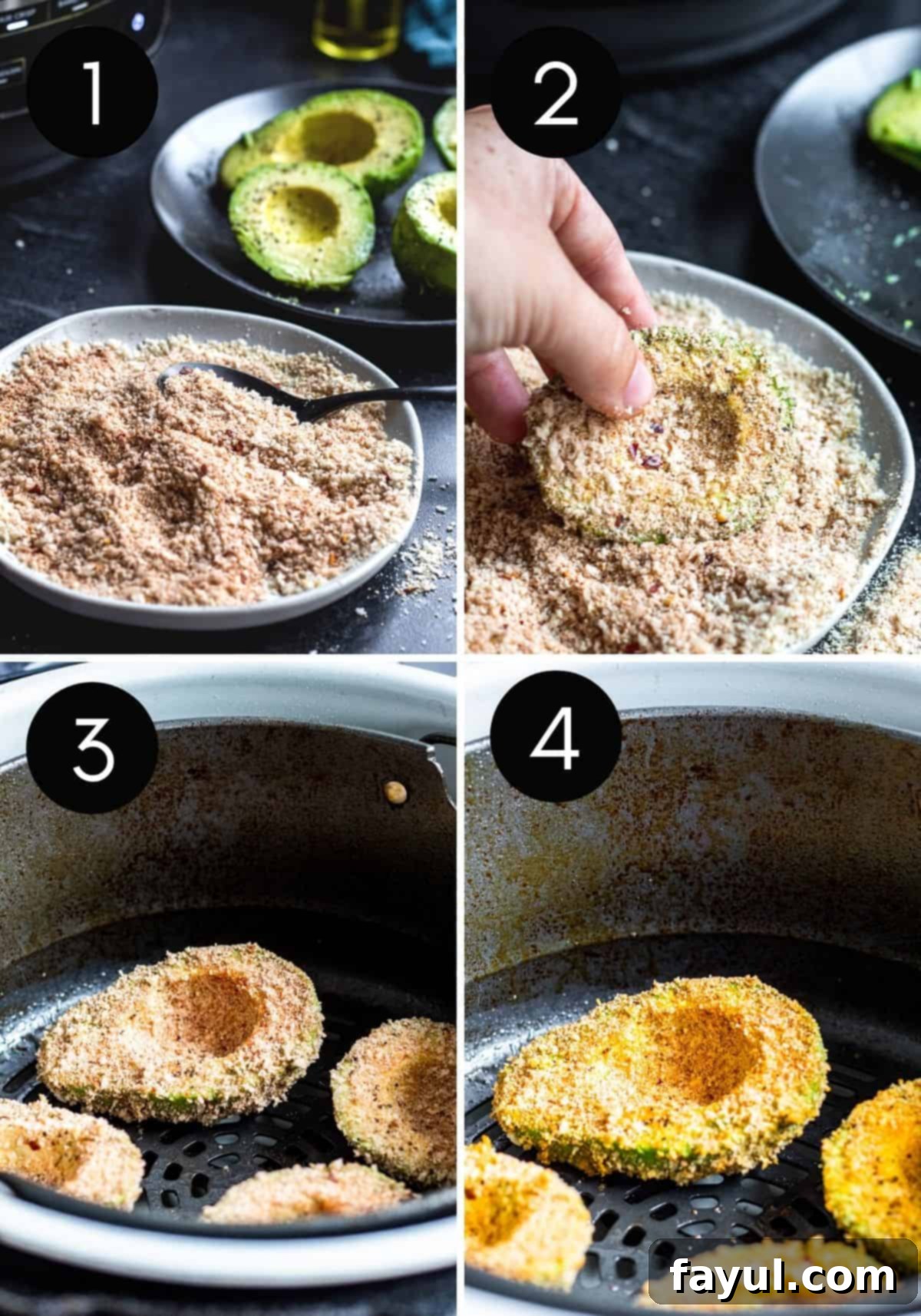 Speedy and Simple Air Fryer Avocados 5 Avocados being breaded then air fried in air fryer.