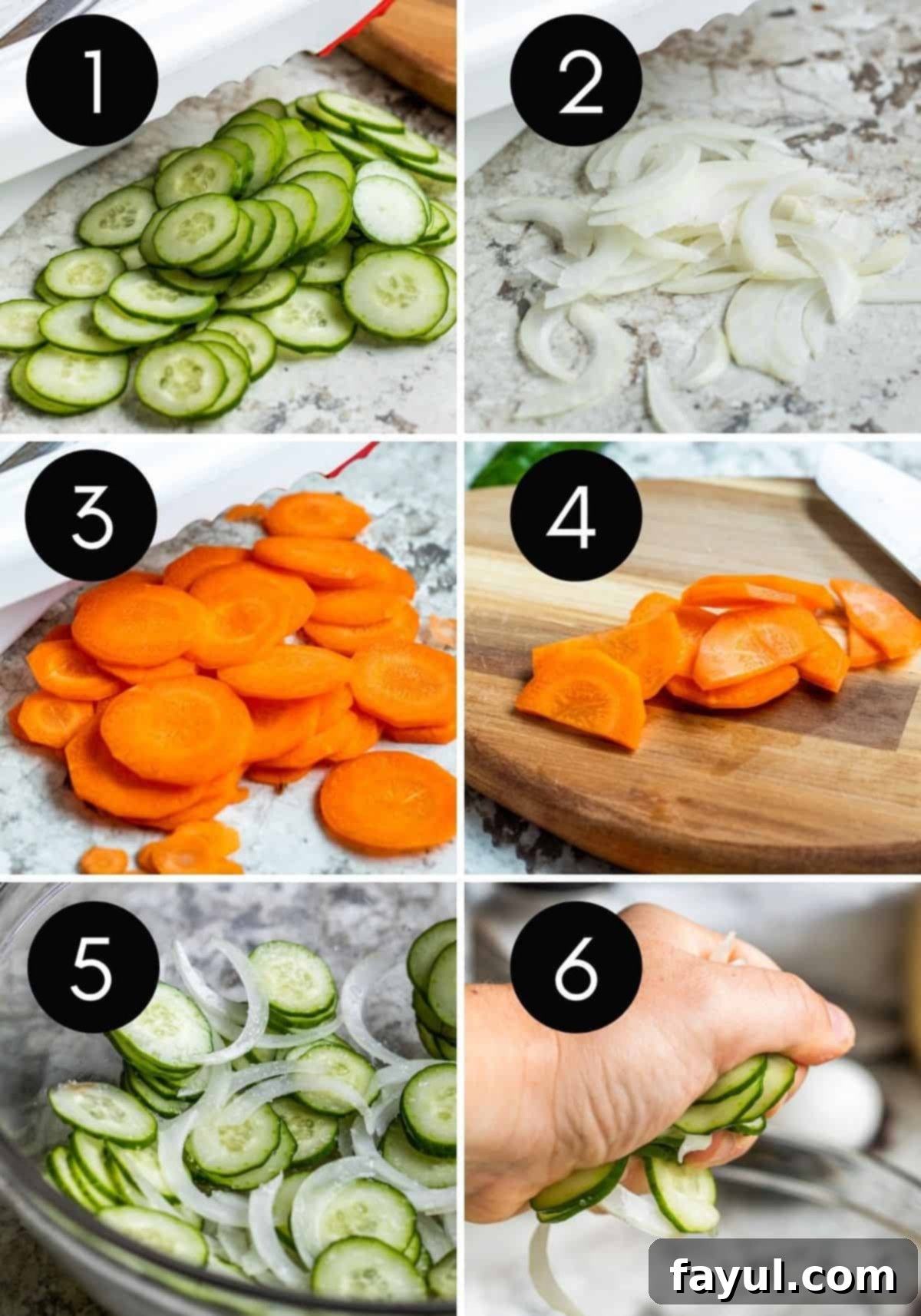 Collage of images showing Japanese potato salad vegetable preparation, with cucumbers, carrots, and onions being sliced and salted.