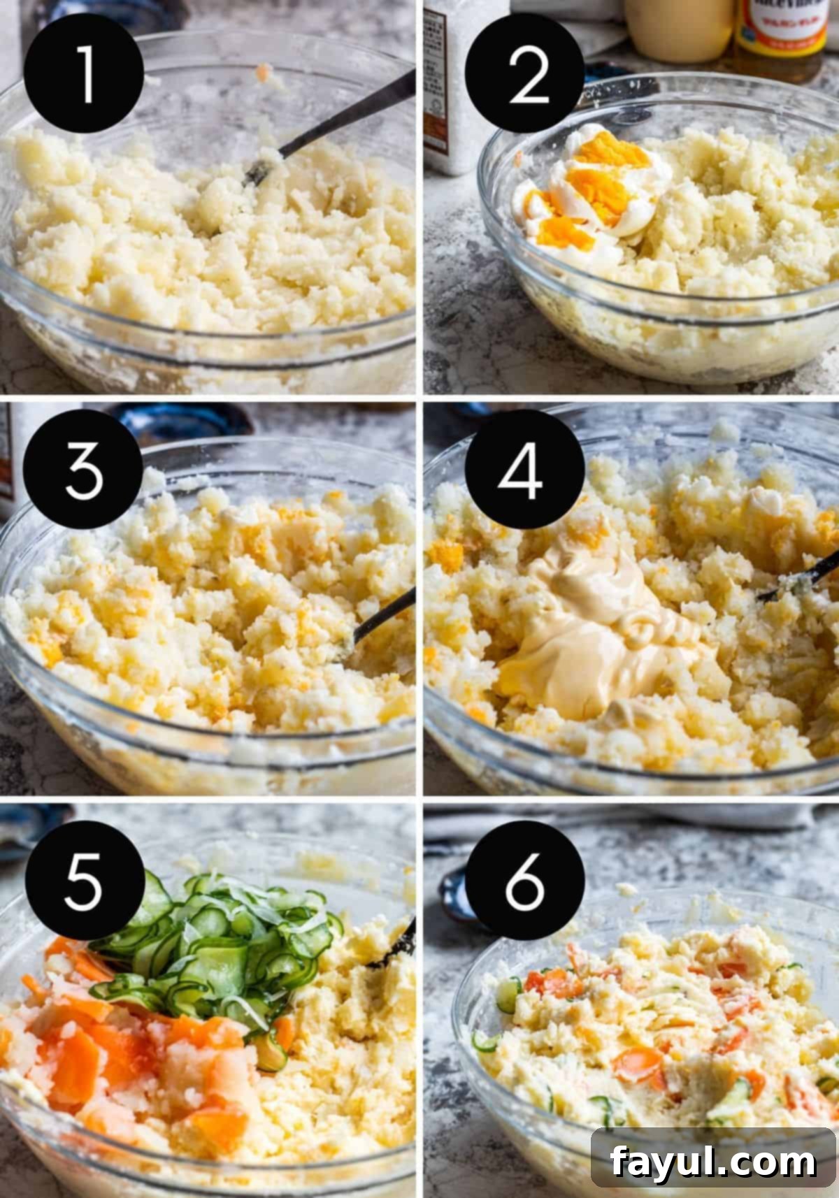 Six image collage showing the process of mixing and combining ingredients for Japanese potato salad in a bowl.