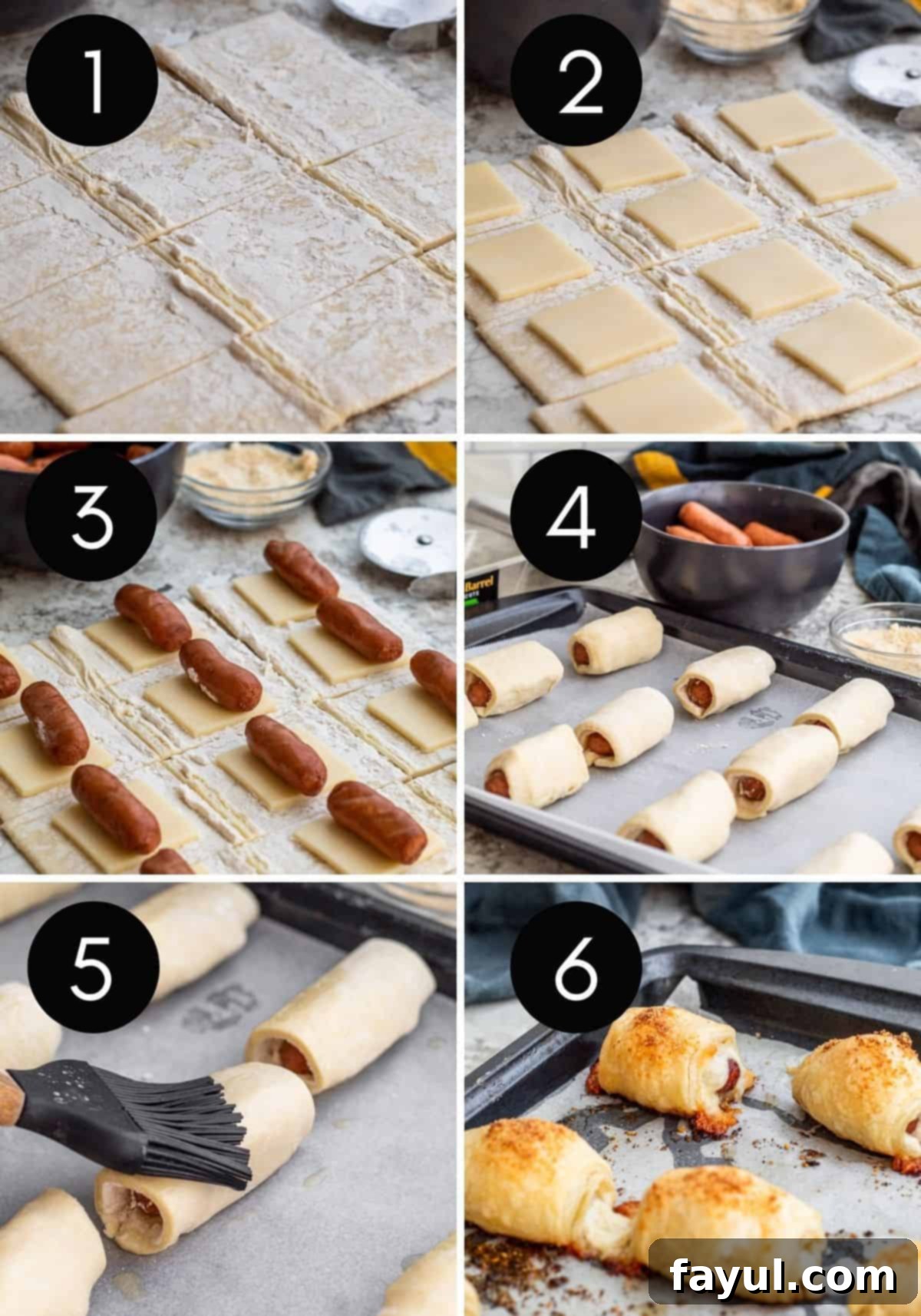 Flaky Cheesy Pigs in a Blanket 4 A six-image collage showing the step-by-step preparation of cheesy pigs in a blanket, from cutting puff pastry and cheese to wrapping sausages and baking golden.