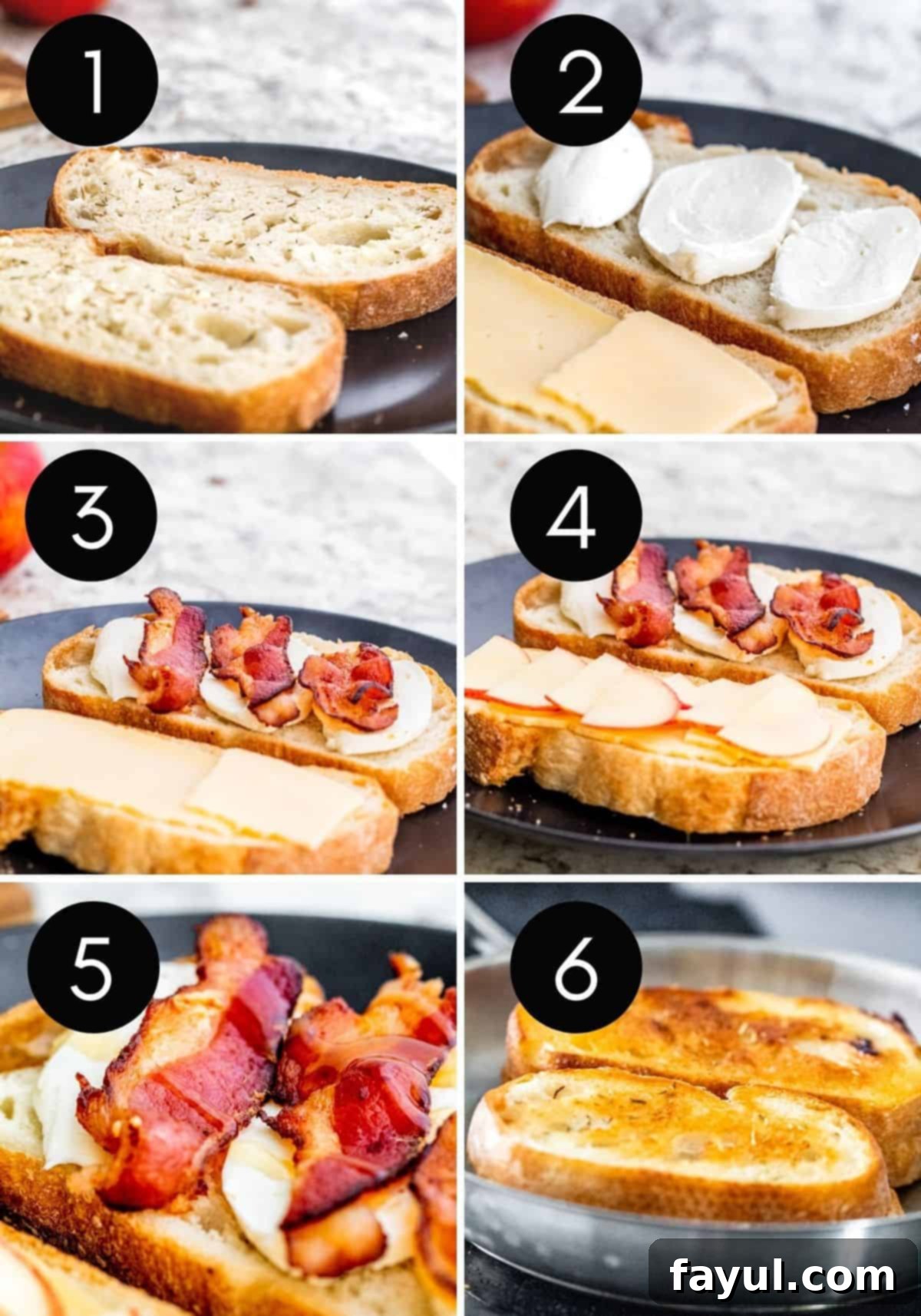 Six image collage of sandwich being prepped and grilled in skillet with black numbers.