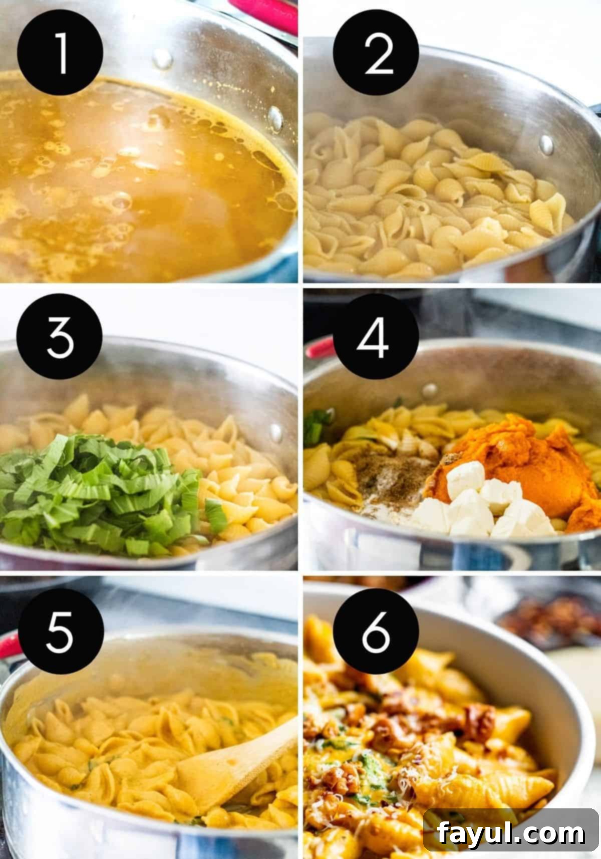 Velvety One-Pan Pumpkin Pasta 4 Prep image collage showing steps for making pumpkin pasta.