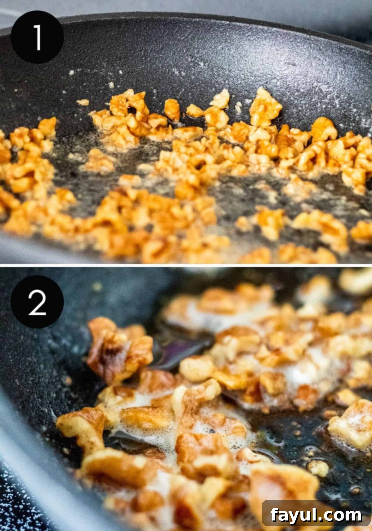 Velvety One-Pan Pumpkin Pasta 5 Two prep image collage showing how to toast walnuts for pasta.