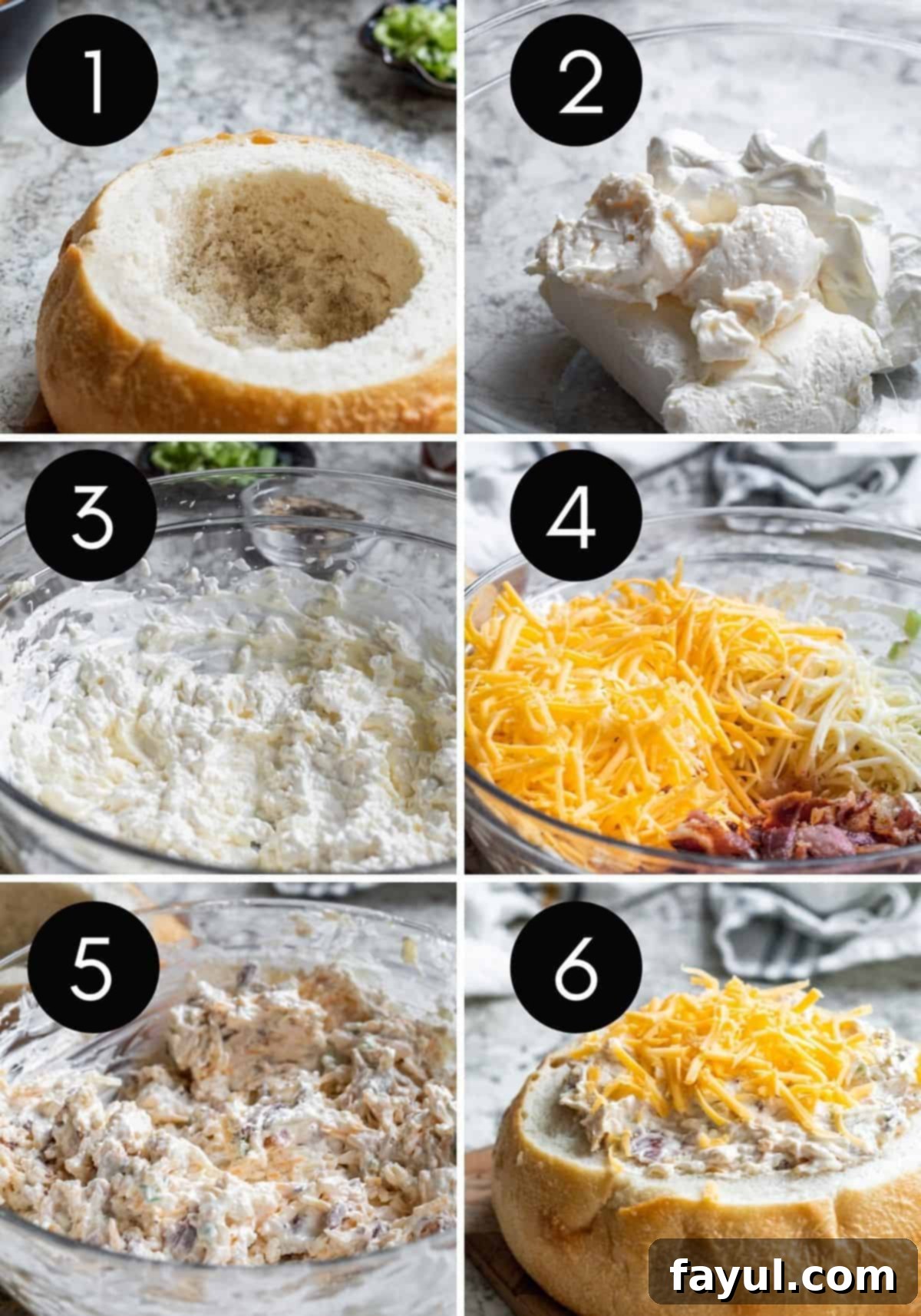 Smoky Bacon Cheese Bread Bowl Fondue 4 Six-step image collage showing the preparation process of the bacon cheese dip.