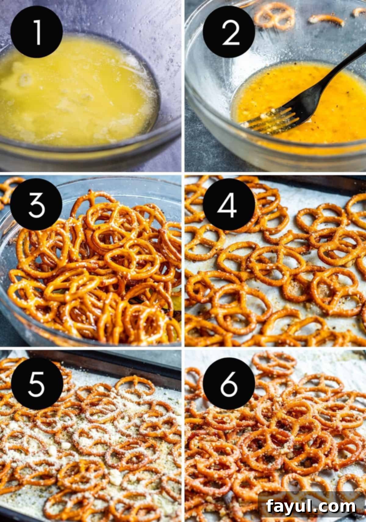 Simple Garlic Parmesan Pretzels 4 A six-image collage showing the step-by-step process of making garlic parmesan pretzels, from mixing ingredients to baking and serving.