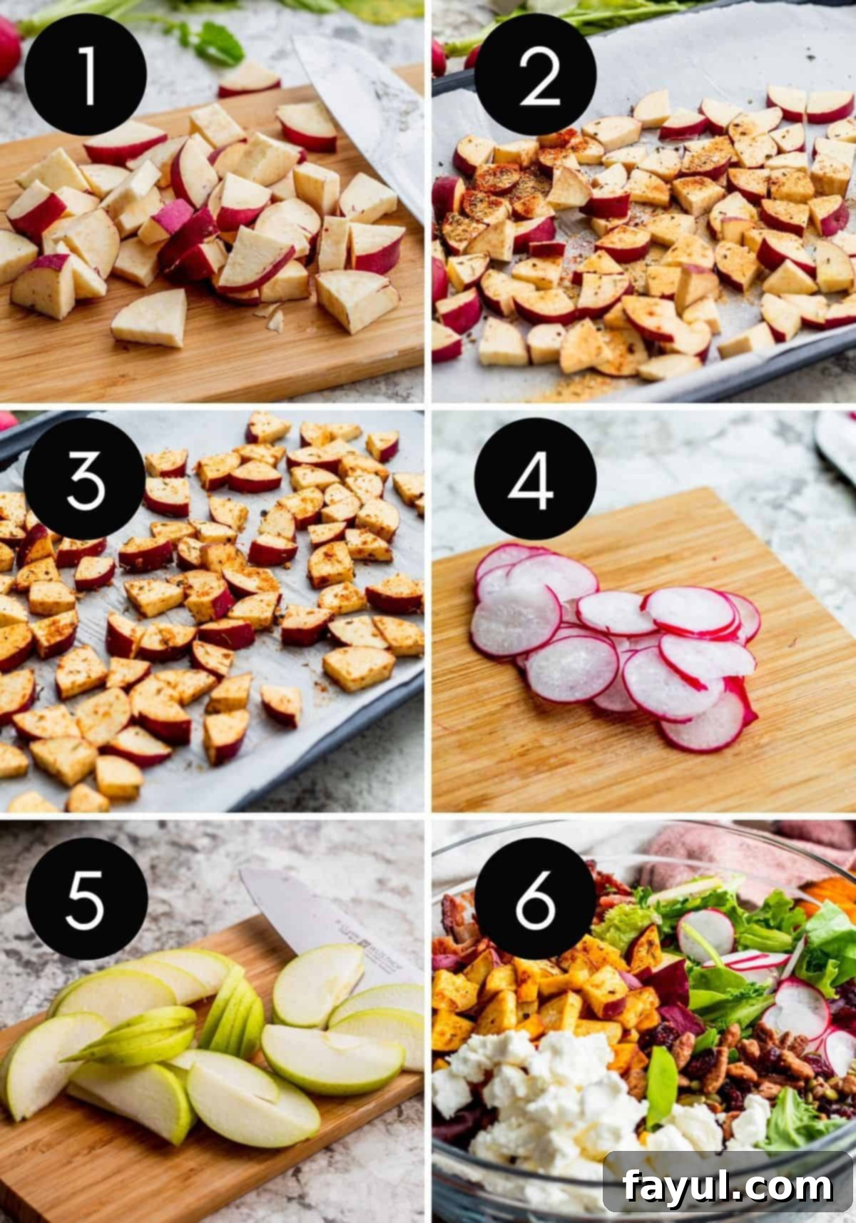 A visual step-by-step collage demonstrating the preparation of the Fall Harvest Salad, from chopping and seasoning sweet potatoes for roasting to the final assembly of the salad ingredients in a large bowl. Each image clearly shows a stage of the recipe, ensuring ease of following.