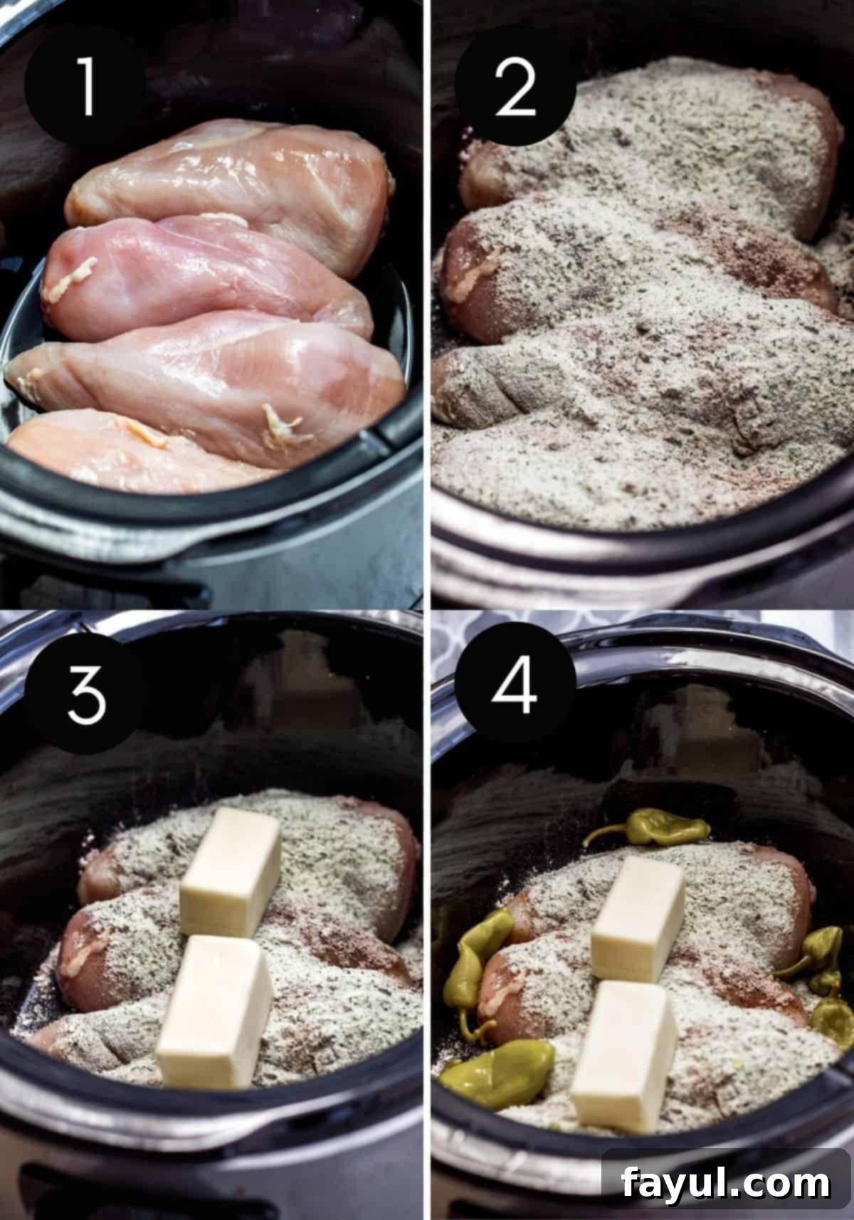 Prep image showing chicken in crockpot then being prepped with four numbered images indicating steps.