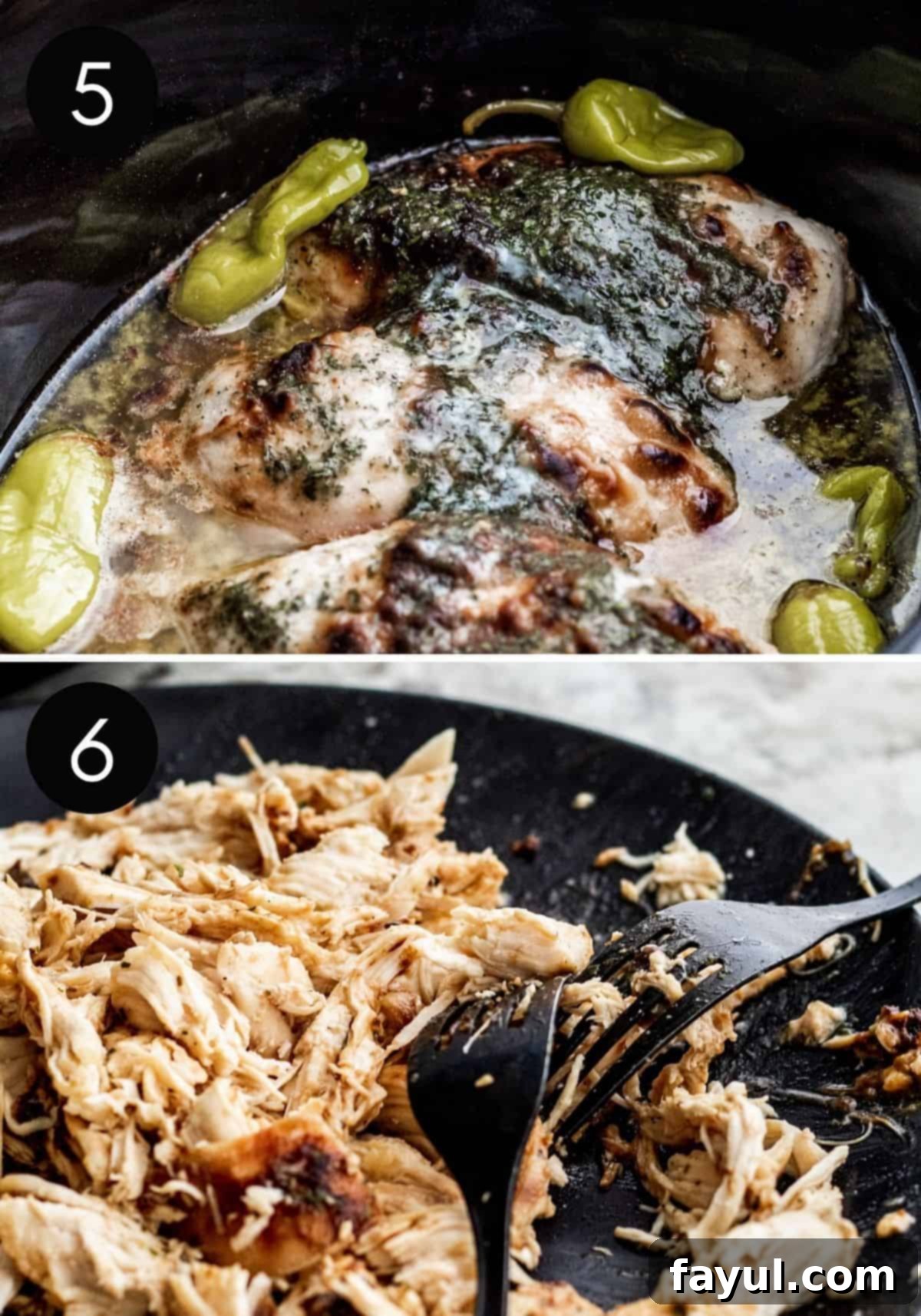 Cooked chicken in crockpot then being shredded on black plate with forks, showing the tender texture.