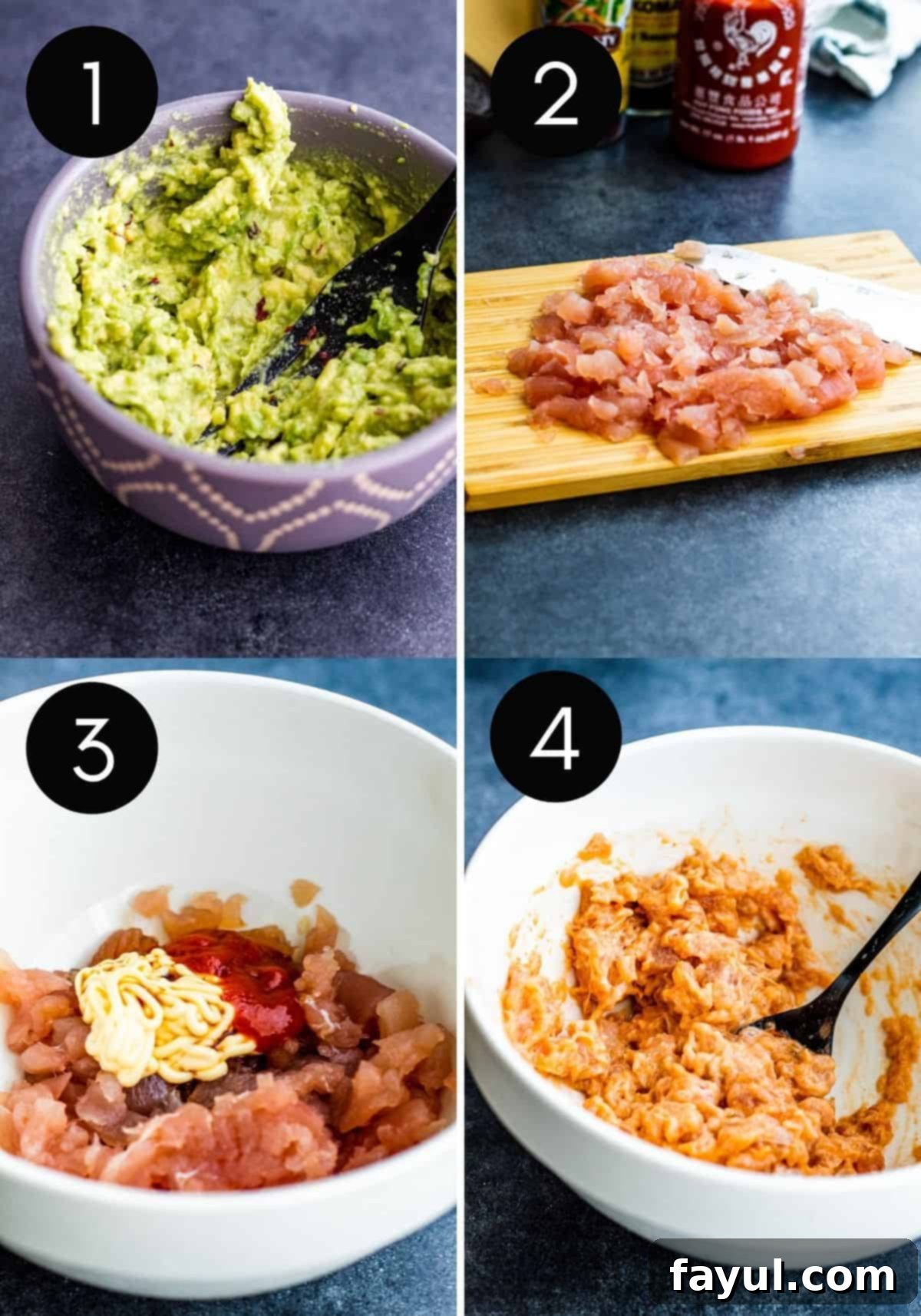 A four-image collage illustrating the initial preparation steps for Spicy Tuna Crispy Rice Sushi, including finely dicing tuna and mashing avocado.