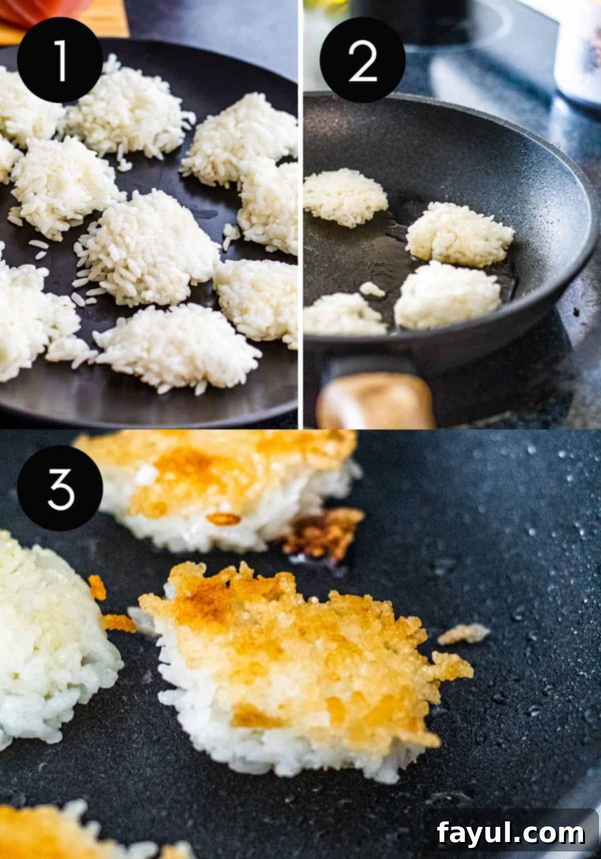 A three-image collage depicting the process of pan-frying rice patties for crispy rice sushi, showing them cooking in a skillet.