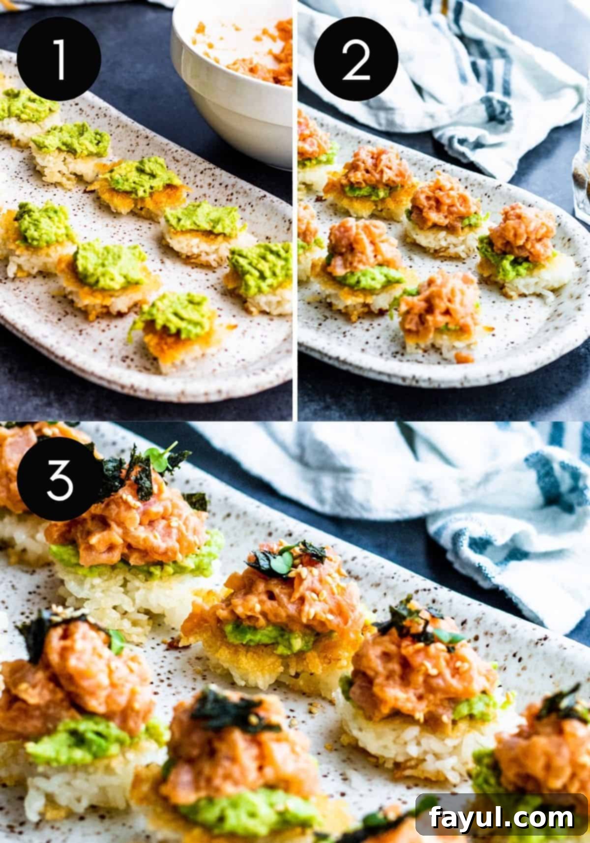 A three-image collage demonstrating the assembly process of Crispy Tuna Sushi, showing layers of rice, avocado, and spicy tuna.