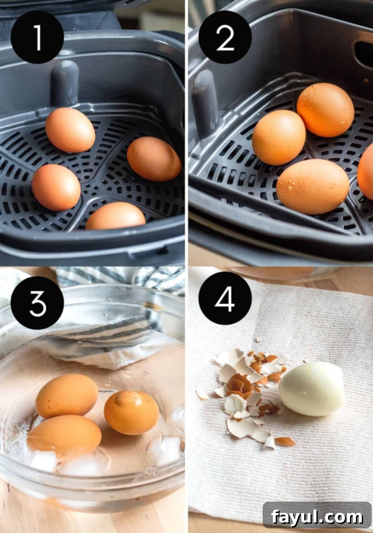Four prep image collage showing eggs in air fryer, ice bath and being peeled with numbers.