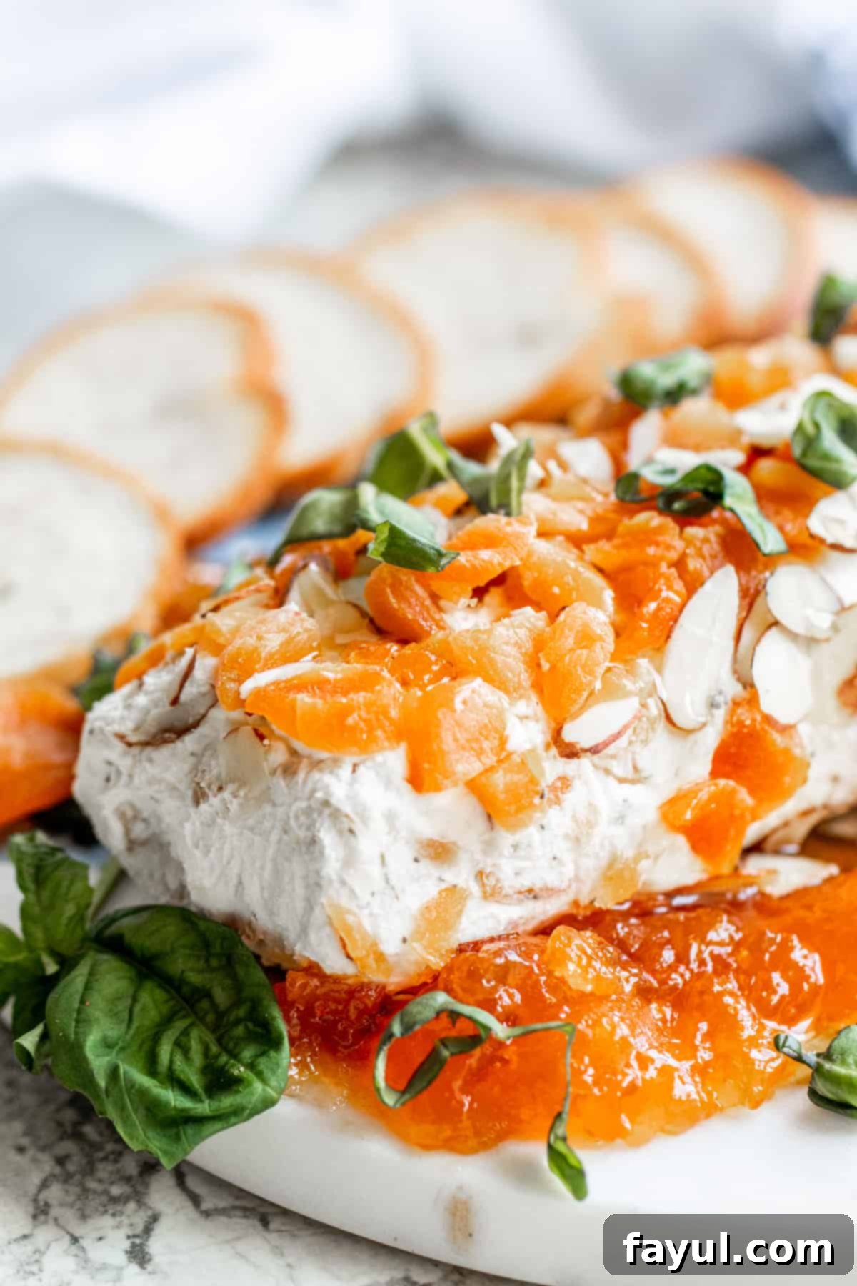 Close up of a beautifully garnished goat cheese log with apricots, honey, and basil, served on a white platter with an assortment of crackers in the background.