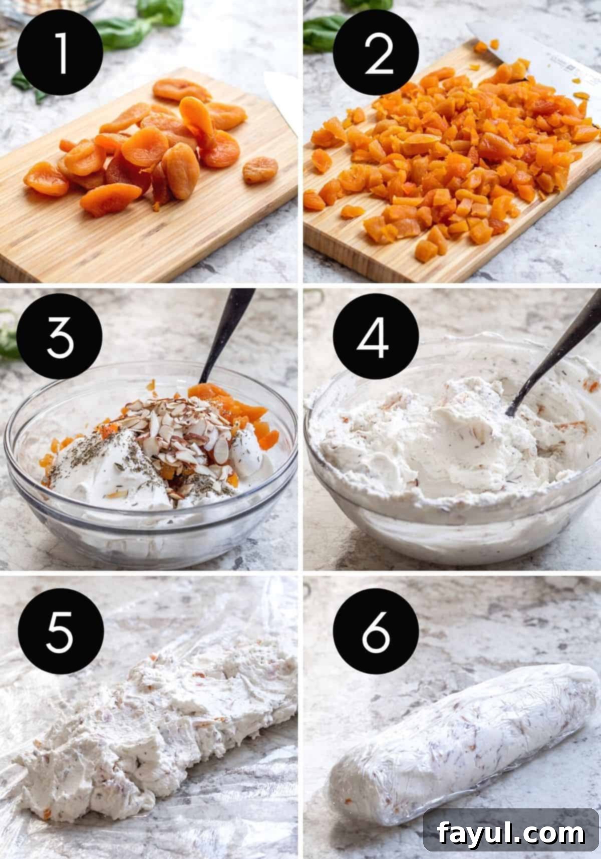 Six-image prep collage illustrating the stages of making the goat cheese log: ingredients being prepped, cheese being mixed, and the log being formed and wrapped.