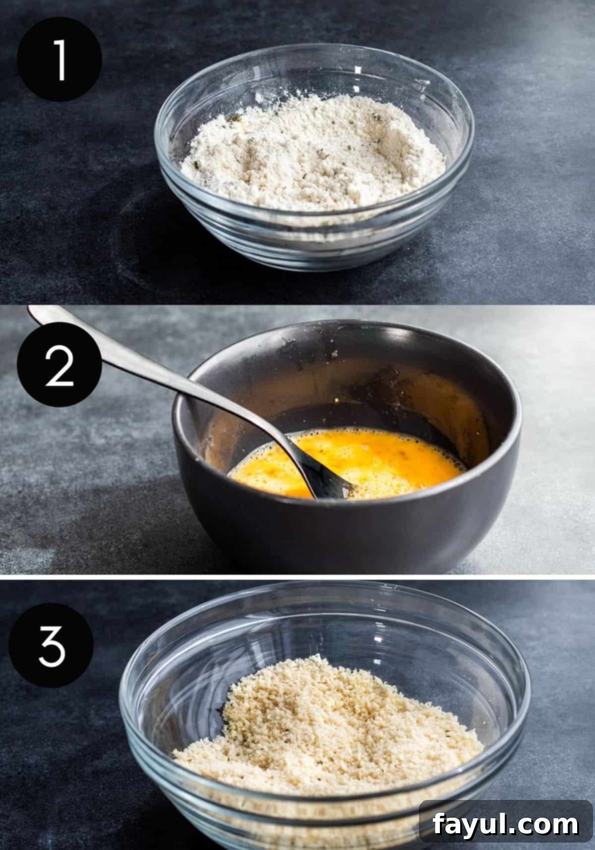 Crispy Garlic Parmesan Air Fryer Zucchini Fries 4 Three image collage showing separate bowls for flour mixture, whisked eggs, and panko breadcrumb mixture being prepared for breading zucchini fries.