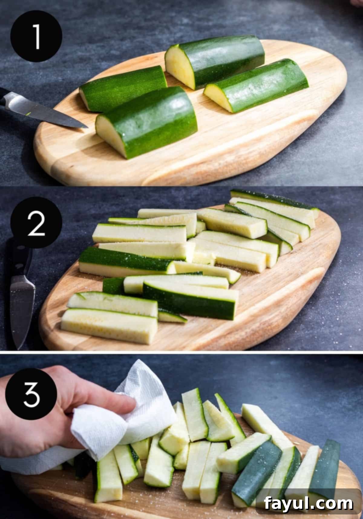 Crispy Garlic Parmesan Air Fryer Zucchini Fries 5 Three image collage demonstrating the zucchini slicing process and salting step to remove moisture for crispy fries.